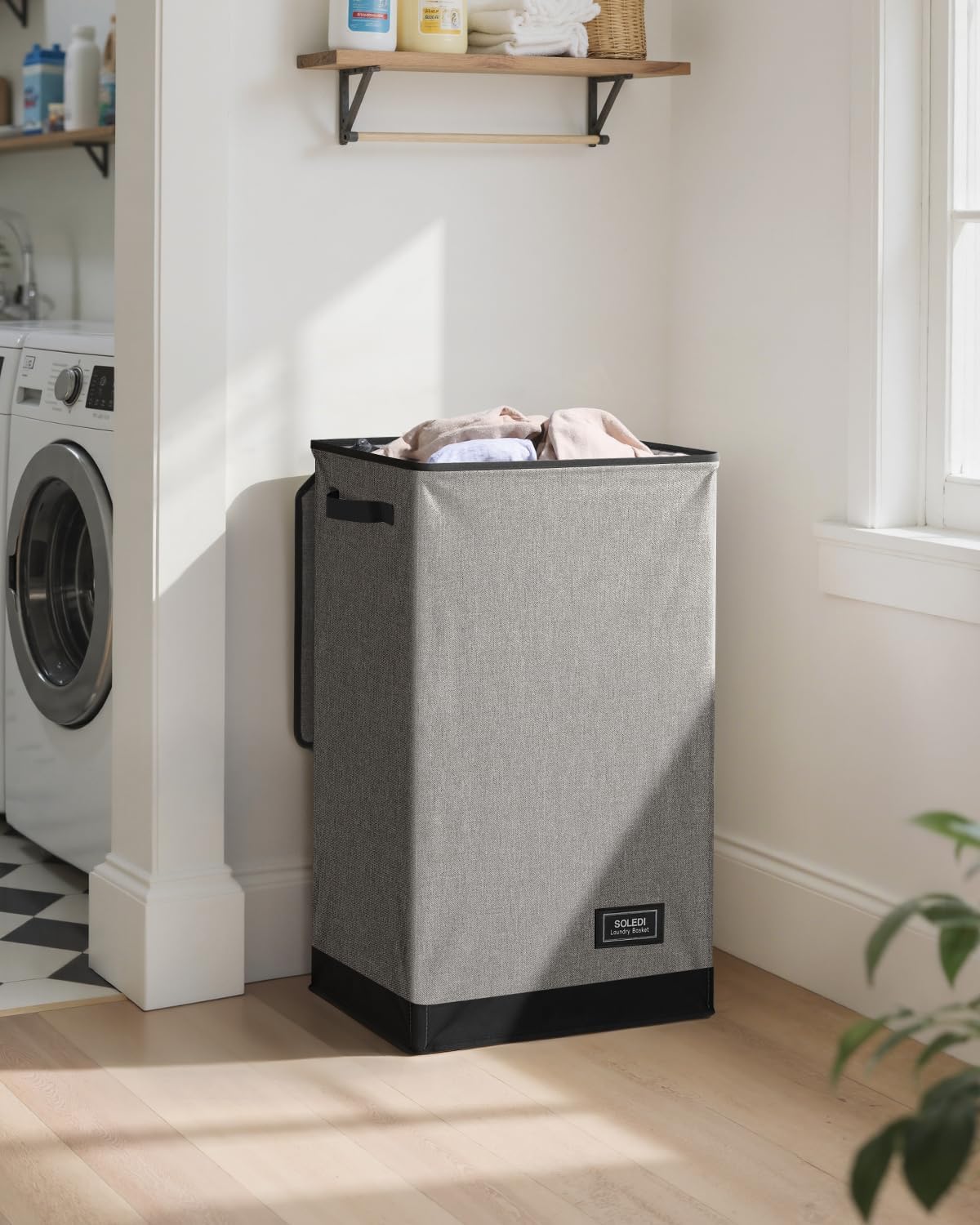 SOLEDI Laundry Hamper - 90L Large Collapsible Basket with Lid & Removable Bag - Grey