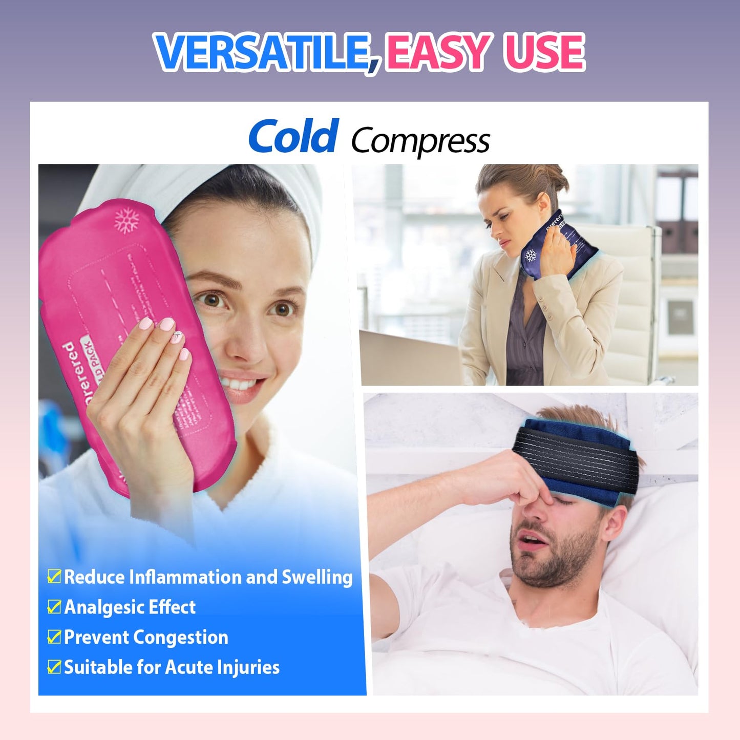 Ice Packs for Injuries Reusable, 3-Piece Set Soft Cold Gel Soft Ice Wrap for Injury, Alleviate Joint and Muscle Pain - Gel Ice Pack Resuable for Back, Elbow, Shoulder(3pcs-Pink)
