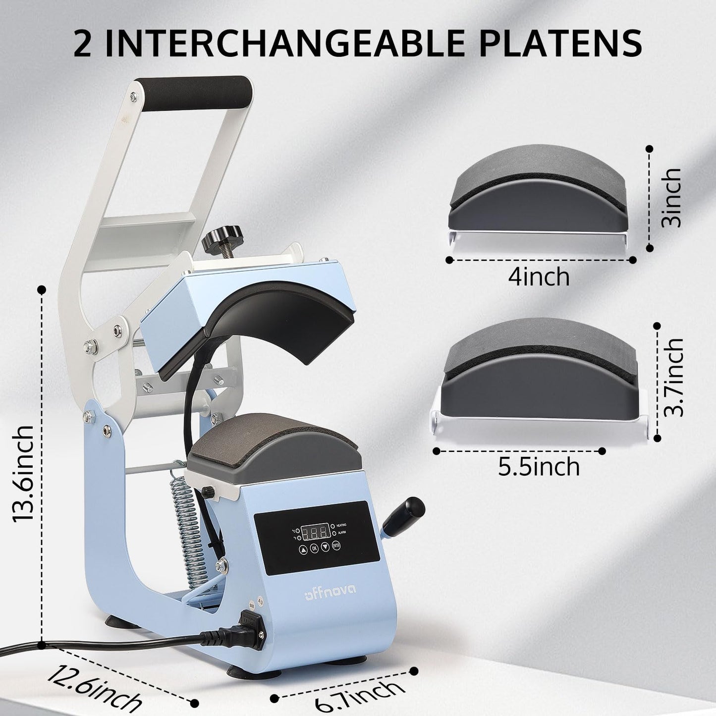OFFNOVA Hat Heat Press Machine for Caps with 2 Interchangeable Platens, Temp & Time Control with Auto Countdown, Efficient Heat Transfer for HTV Iron On and Sublimation Projects (Handle-Blue)