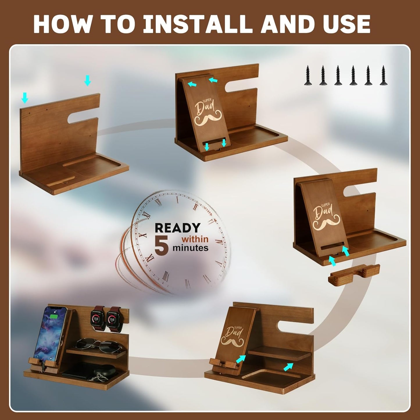 AliveByte Fathers Day for Dad, Dad Birthday Gifts, Wood Phone Docking Station, Nightstand Organizer, Gifts for Dad