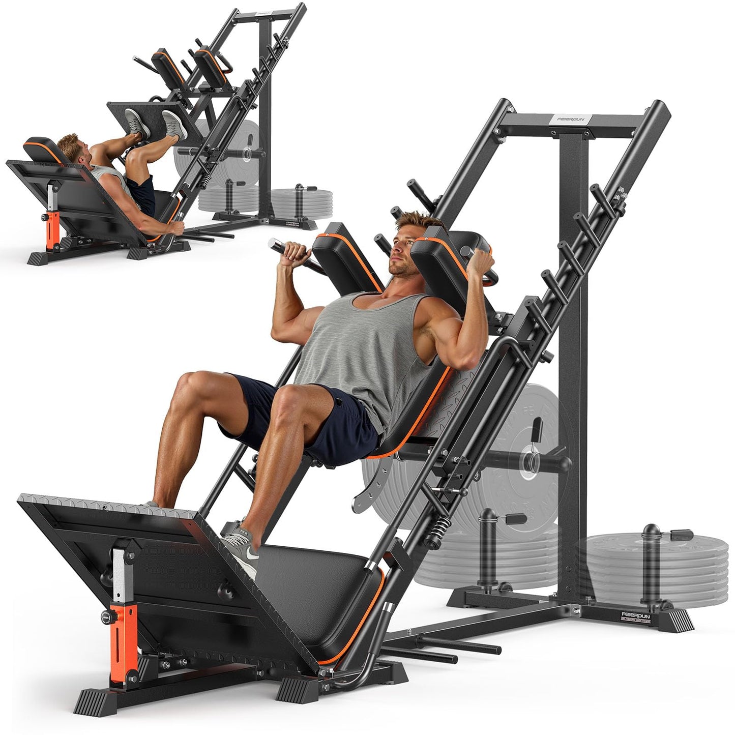 FEIERDUN 3‑in‑1 Leg Press Hack Squat Machine with Stretch Board – Adjustable Leg Press Machine for Home Gym with Full Range of Motion & Ultra-Quiet Pulley System