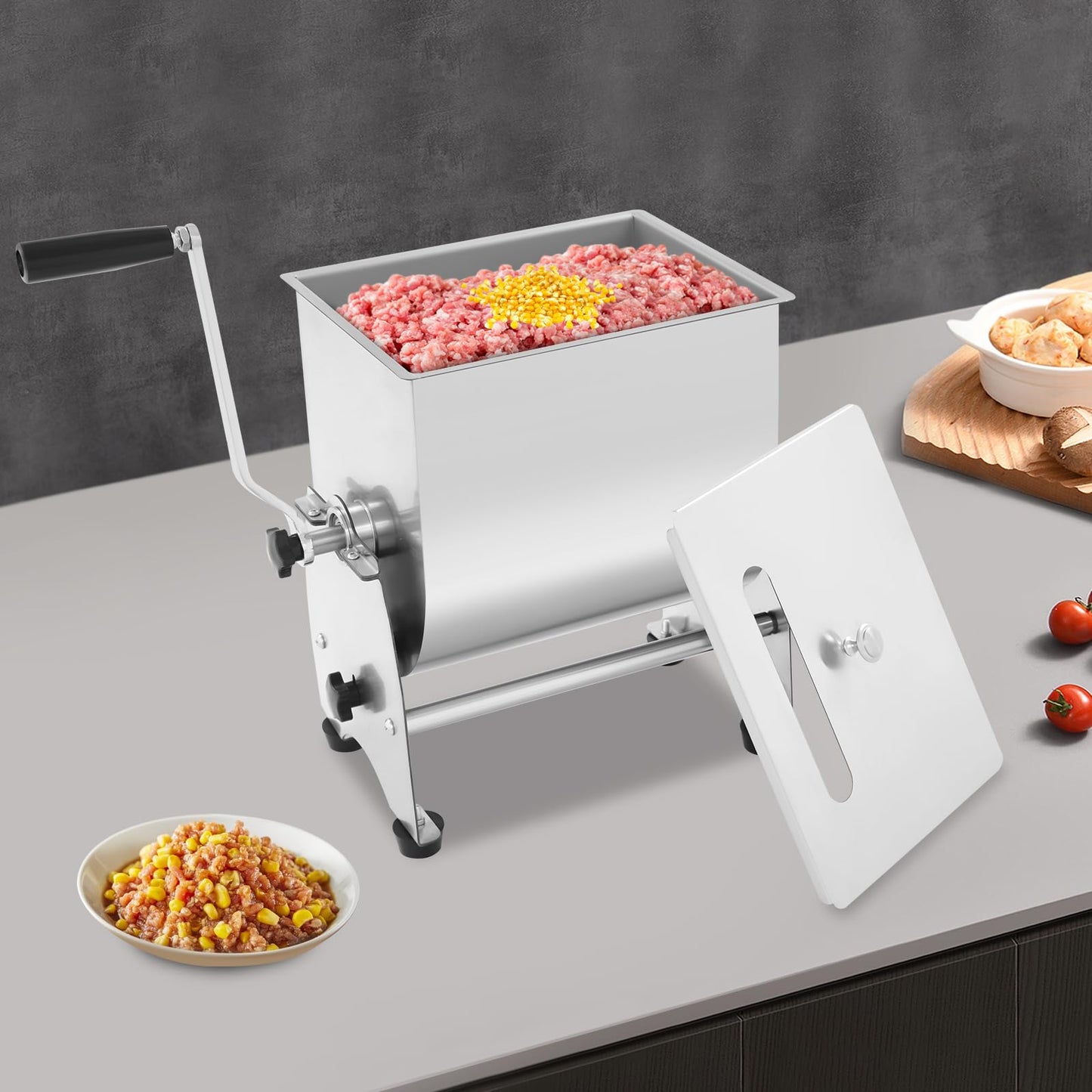 Commercial Tilting Meat Mixer, 22 lb Stainless Steel Sausage Mixer Machine, Manual Crank with Removable Paddle & Non-Slip Base, for Burger Jerky Seasoning, Home & Restaurant Use