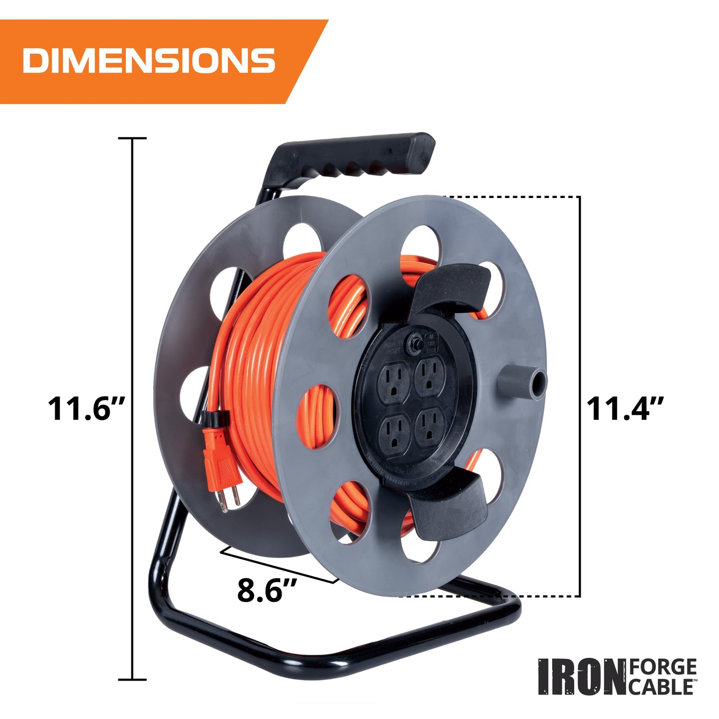 Iron Forge Cable 50 Ft Outdoor Extension Cord - 3 Outlets - 12/3 SJTW Heavy Duty Yellow 3 Prong, 15 AMP & 75 Ft Extension Cord Reel with 4 Electrical Outlets & Breaker Switch - 16/3 SJTW Orange Cable