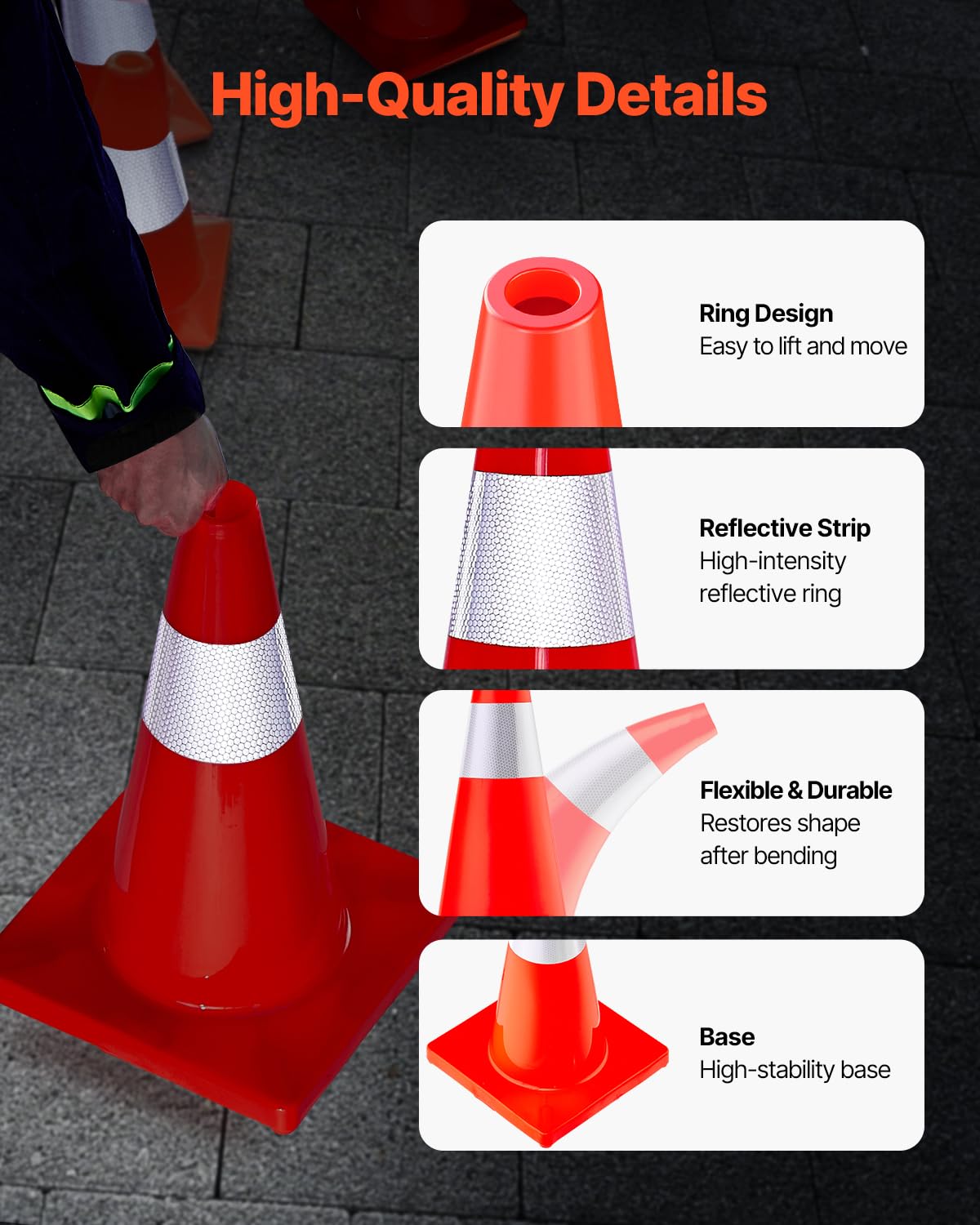 VEVOR 12Pack 18" Traffic Cones, Safety Road Parking Cones PVC Base, Orange Traffic Cone with Reflective Collars, Hazard Construction Cones for Home Traffic Parking