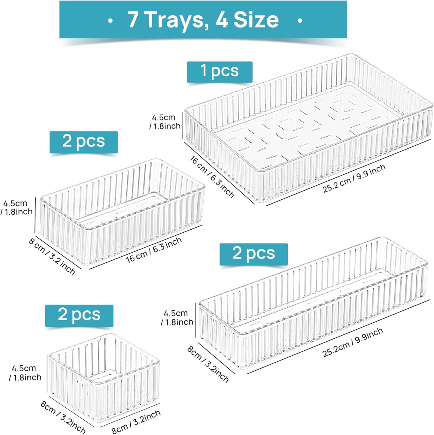 Vtopmart 7-Piece Clear Drawer Organizer Set - Stackable Acrylic Storage Bins for Makeup, Office Supplies & Kitchen Utensils