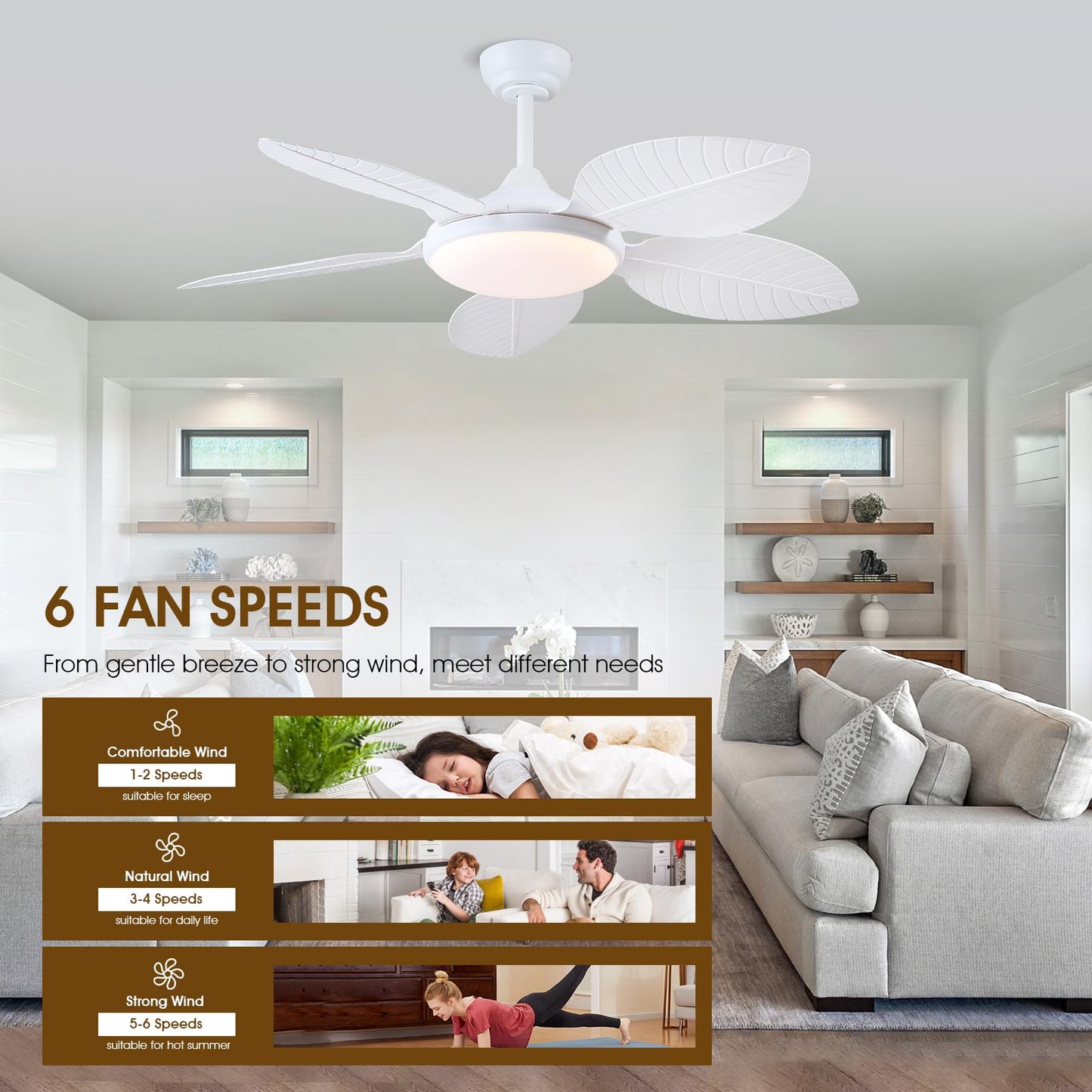 Wiviniya 48 Inch Tropical Ceiling Fans with Lights, Palm Leaf Outdoor Ceiling Fan with Light for Patios Porch Bedroom Living Room, Remote/APP Control, Reversible Quiet DC Motor, Dimmable LED, White
