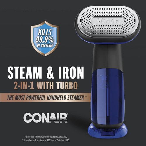 Conair Turbo ExtremeSteam 2-in-1 Handheld Steamer & Iron - 1875W for Effortless Wrinkle Removal | Black/Blue