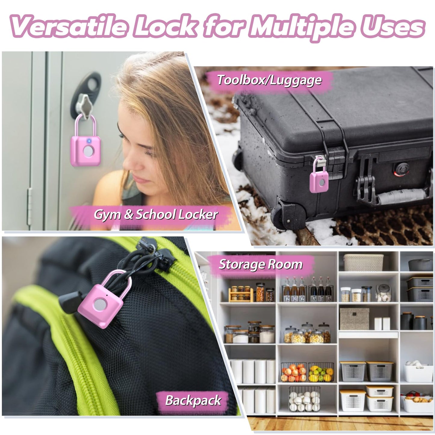 Fingerprint Padlock,Smart Padlock APP Control,Fingerprint Locker Lock,Gym Lock USB Rechargeable for Gym Locker,Locker, School,Storage Pink