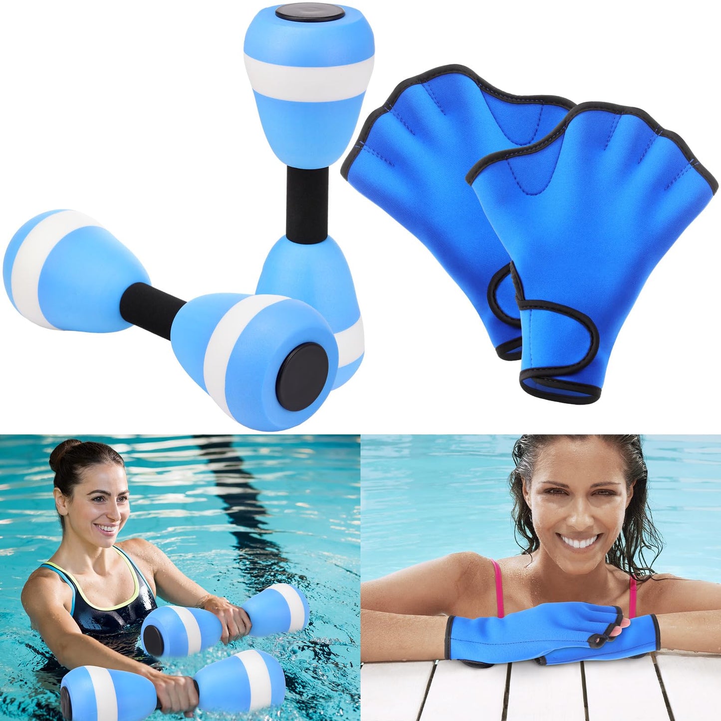 Seenelling Water Aerobics Set for Aquatic Exercise 1 Pair Neoprene Swimming Glove 2 Pcs Foam Aquatic Dumbbells Water Weights Equipment Pool Resistance Fitness Equipment for Training Workouts(Blue)