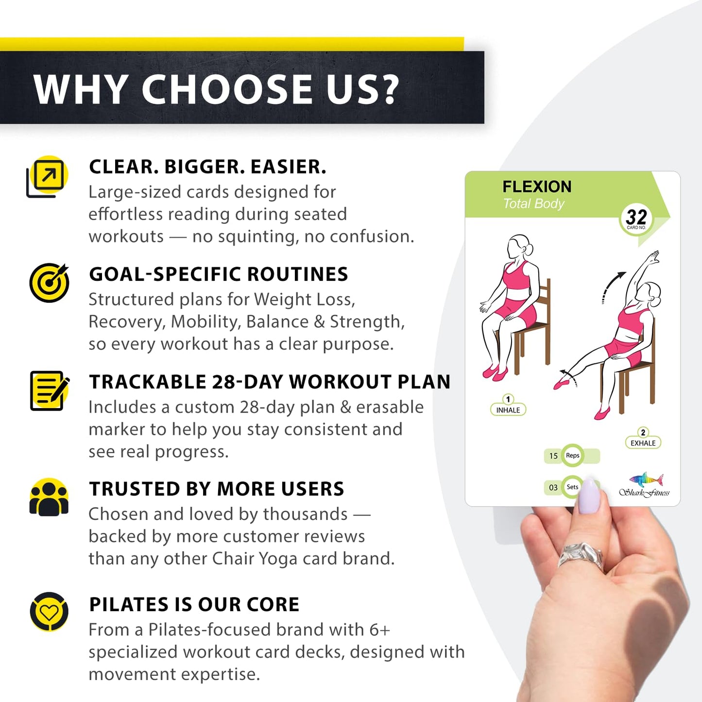 Flexies Chair Yoga Workout Cards – 58 Seated Exercise Cards for Beginners & Seniors | 28 Day Chair Workout Chart for Weight Loss, Strength, Flexibility & Balance