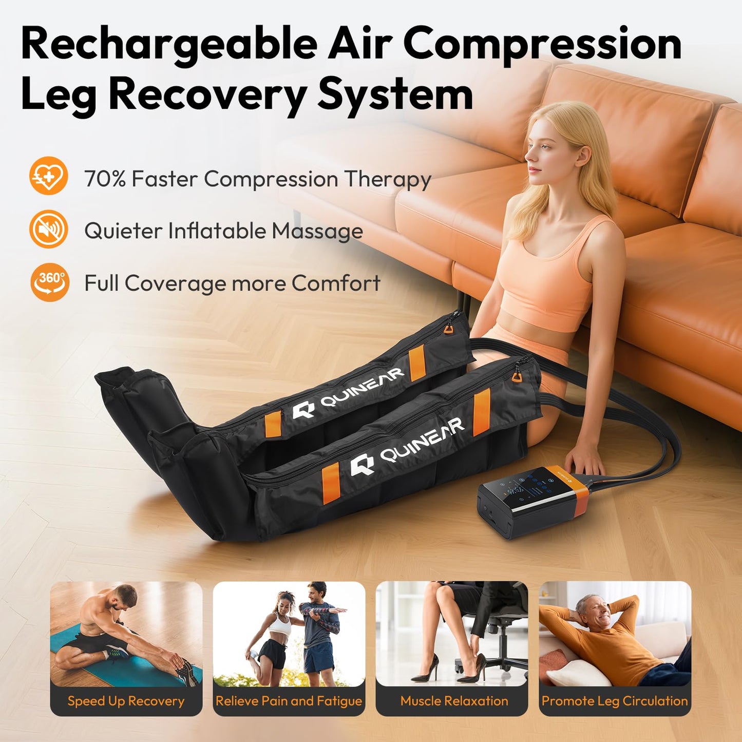 QUINEAR Cordless Leg Recovery System with 5-Zone Air Compression, Leg Massager for Circulation with 11 Levels & 3 Modes, Compression Boots for Athletes, Officer, Elderly(Medium)
