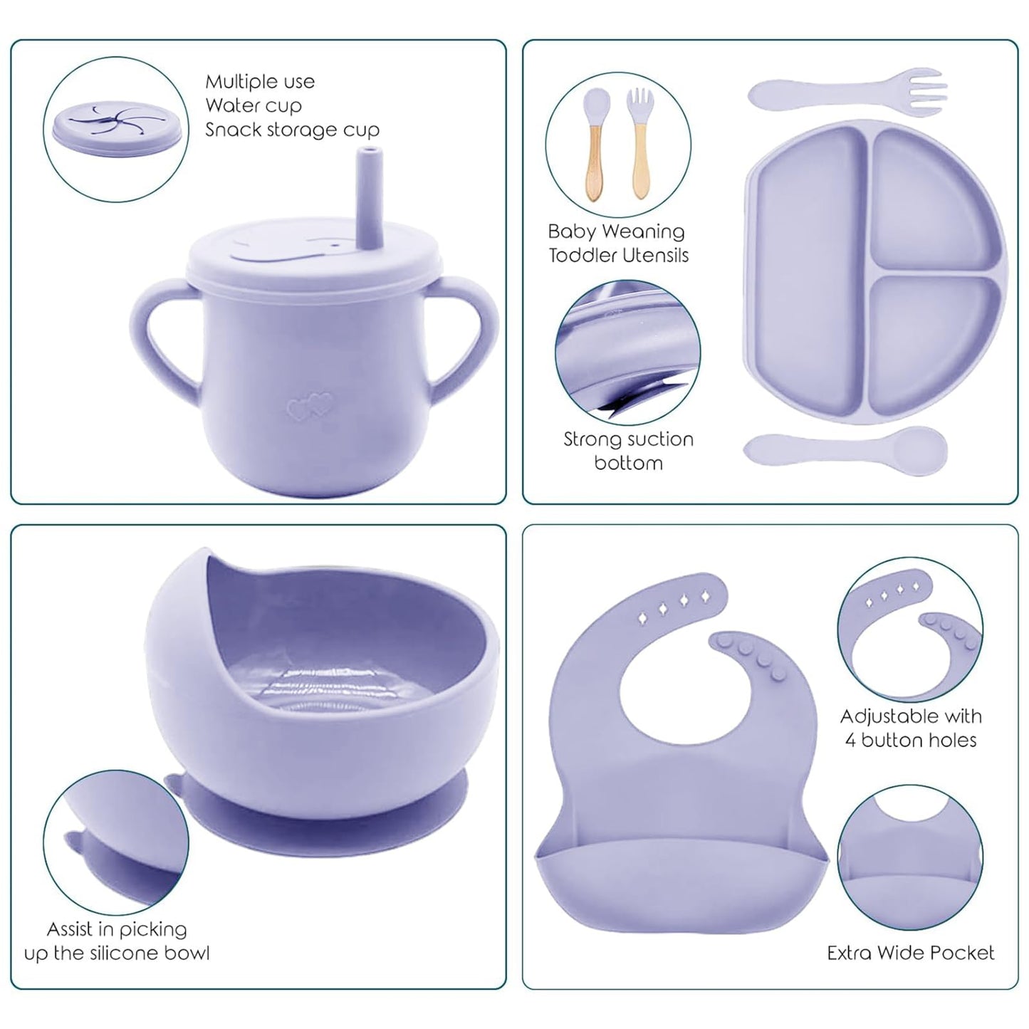 Dormlony 100% Silicone Baby Feeding Set,BPA Free Baby Dishes Set with Suction Bowl Divided Plate,Toddler Self Feeding Dish Set with Spoons Forks Sippy Cup and Bib, Baby Eating Utensils(Purple)