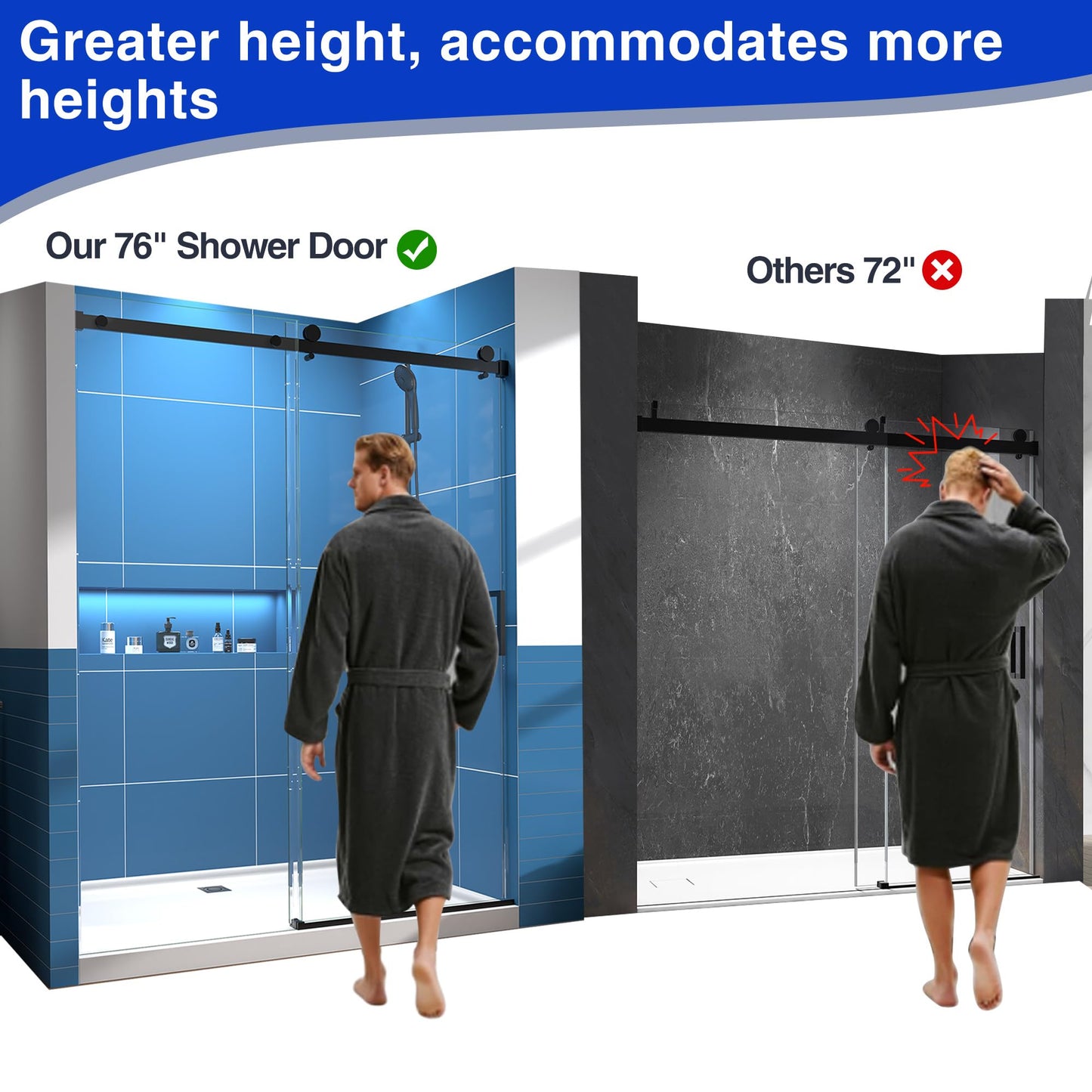 56-60" W × 76" H Frameless Shower Door, 1/4" (6mm) Tempered Glass, Sliding Glass Shower Door with Explosion-Proof Film Nano Coating, Stainless Steel Hardware, Matte Black
