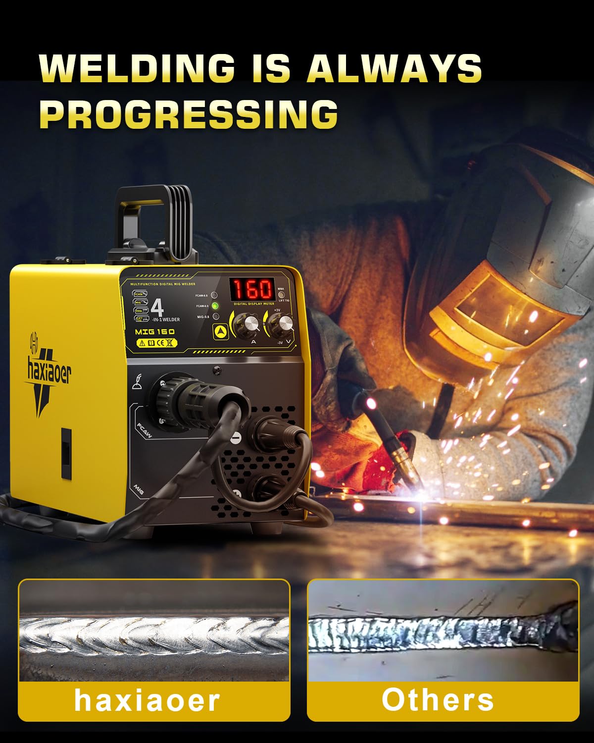 haxiaoer 160A MIG Welder, 110V Gas MIG Welder Machine, 4-in-1 Gasless Flux Core/Gas MIG/Lift TIG/Stick Welder with Synergic Control, IGBT, Multi Process Flux Core Welder for Home DIY Professional Use