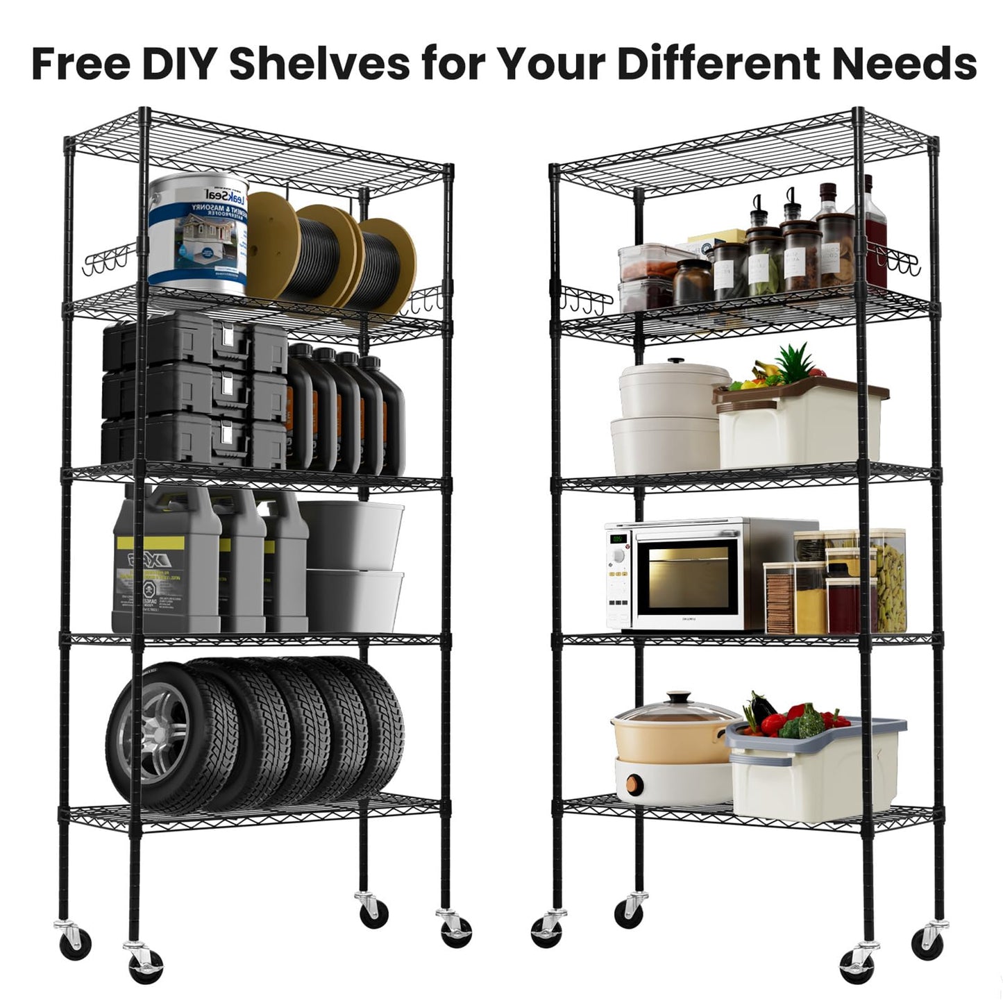 Storage Shelves 75"H Wire Shelving Unit with Wheels 1750LBS Heavy Duty Metal Shelves for Storage Adjustable 5-Tier Garage Storage Rack Kitchen Pantry Shelves Rolling Shelf on Casters, 14"D x36"W x75"H
