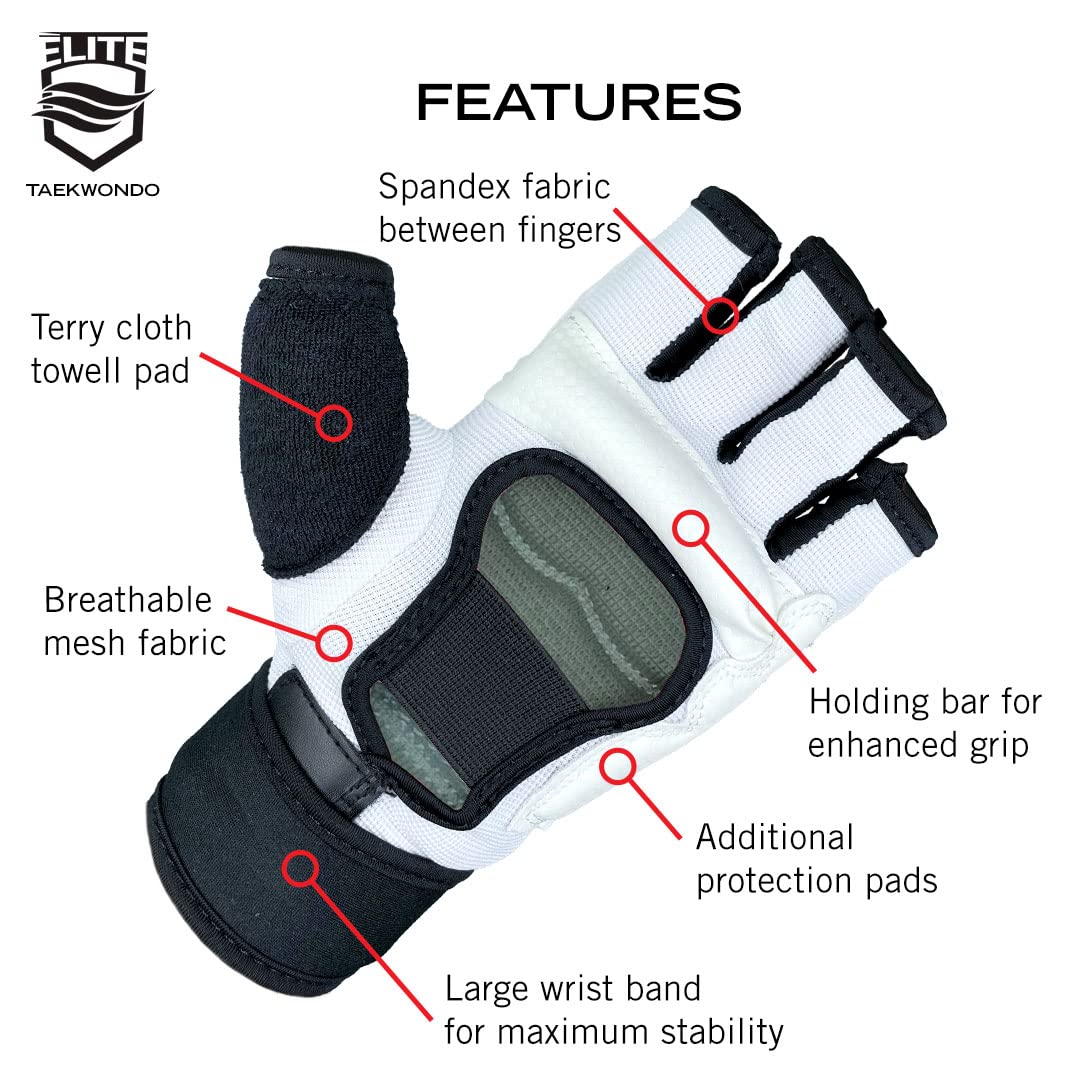 ELITE - Taekwondo Half-Finger Gloves, Protection for Training & Fights (TKD Hands Protectors for Kids & Adults) (Medium)