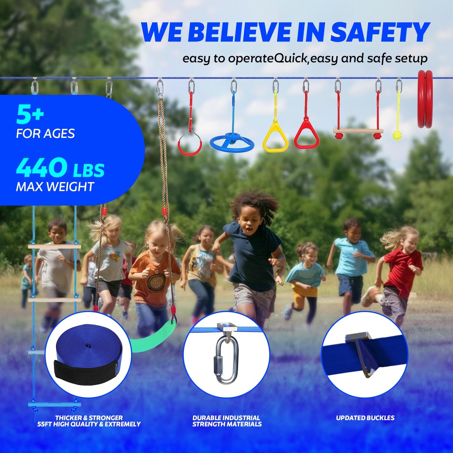 Dollate Ninja Warrior Obstacle Course for Kids - 65 FT, Outdoor Obstacle Course 13 Accessories, Swings, Monkey Bars, Arm Trainers - Suitable for Boys and Girls 3+ - 440 lbs Capacity