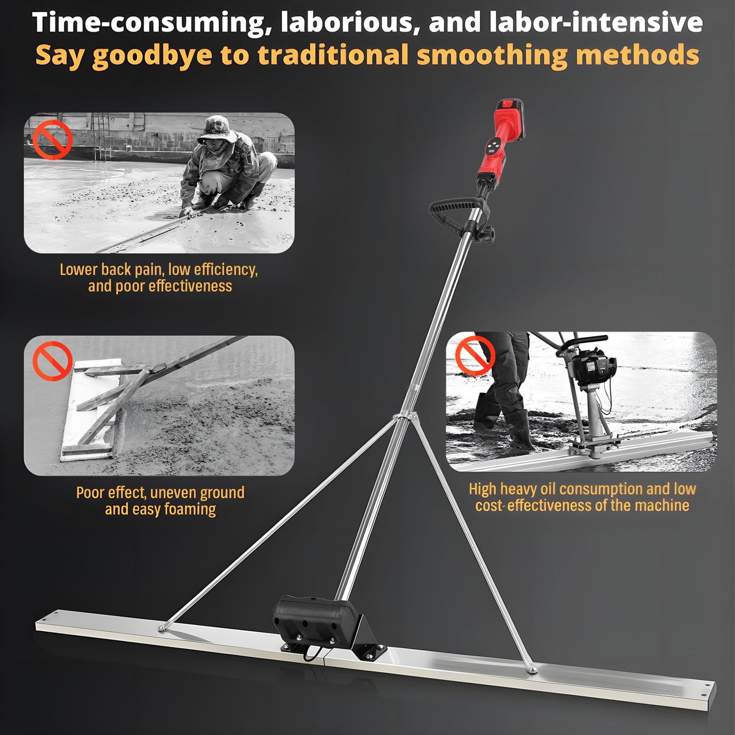 High Power Concrete Screed Vibratory Kit - Concrete Finishing Tool with 59" Stainless Steel Board, Cordless Electric Screed Cement Finishing Vibrating Machine with 4800mAh Battery, 9 Gears Adjustable