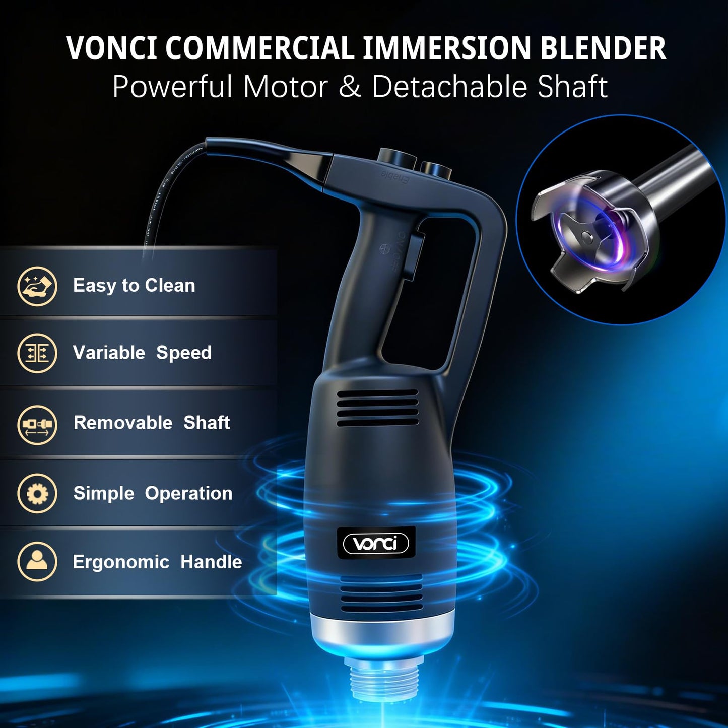 VONCI 750W Commercial Immersion Blender, Extra Heavy Duty Hand Blender with Variable Speed 8000-19000RPM, Handheld Stick Mixer with 22" SUS 304 Shaft, Commercial Emulsifier for Restaurant Kitchen.
