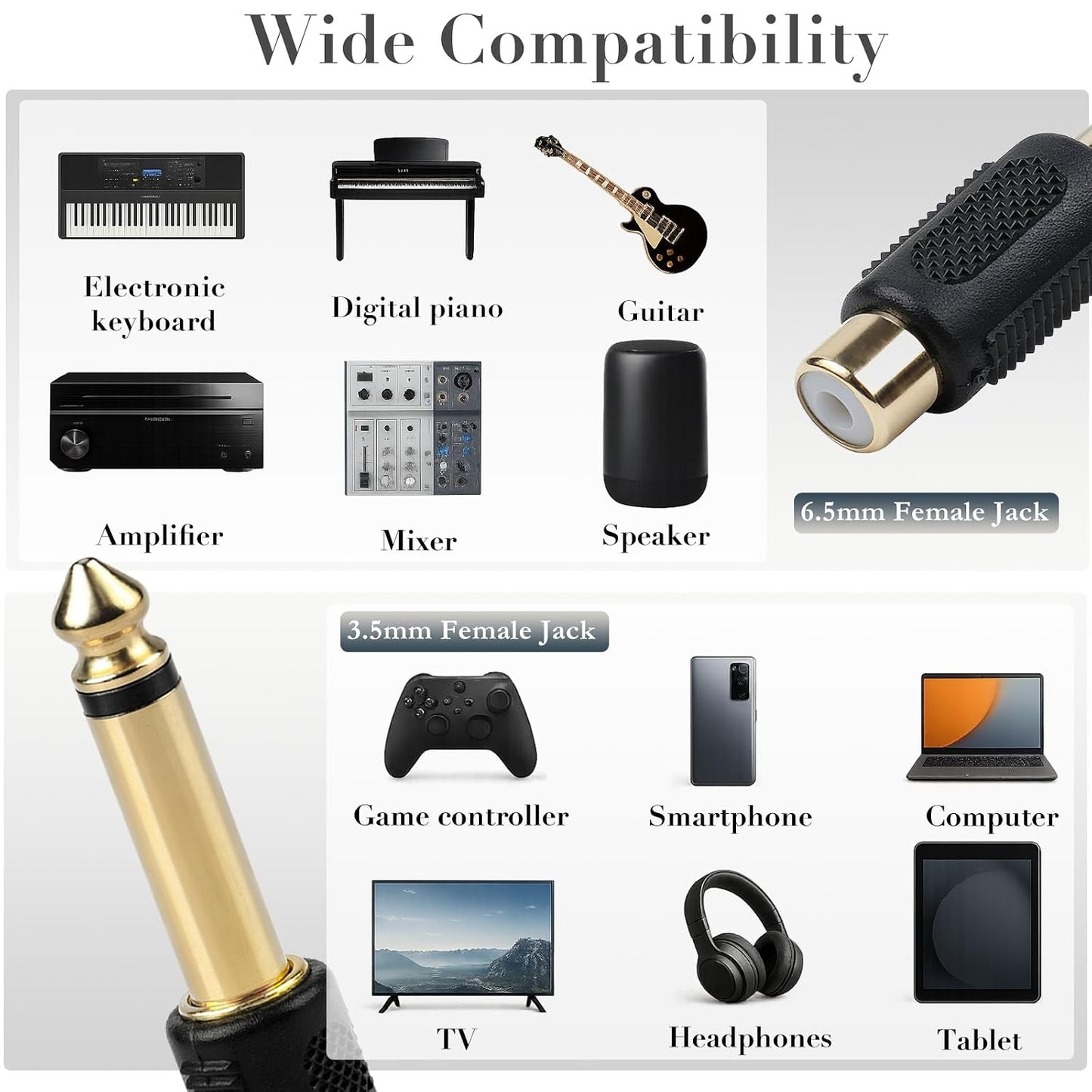Brvlsoc 1/4" (6-Pack) 6.35mm RCA to Audio Adapter Mono Male Plug to RCA Female Connector, Gold-Plated Audio Jack