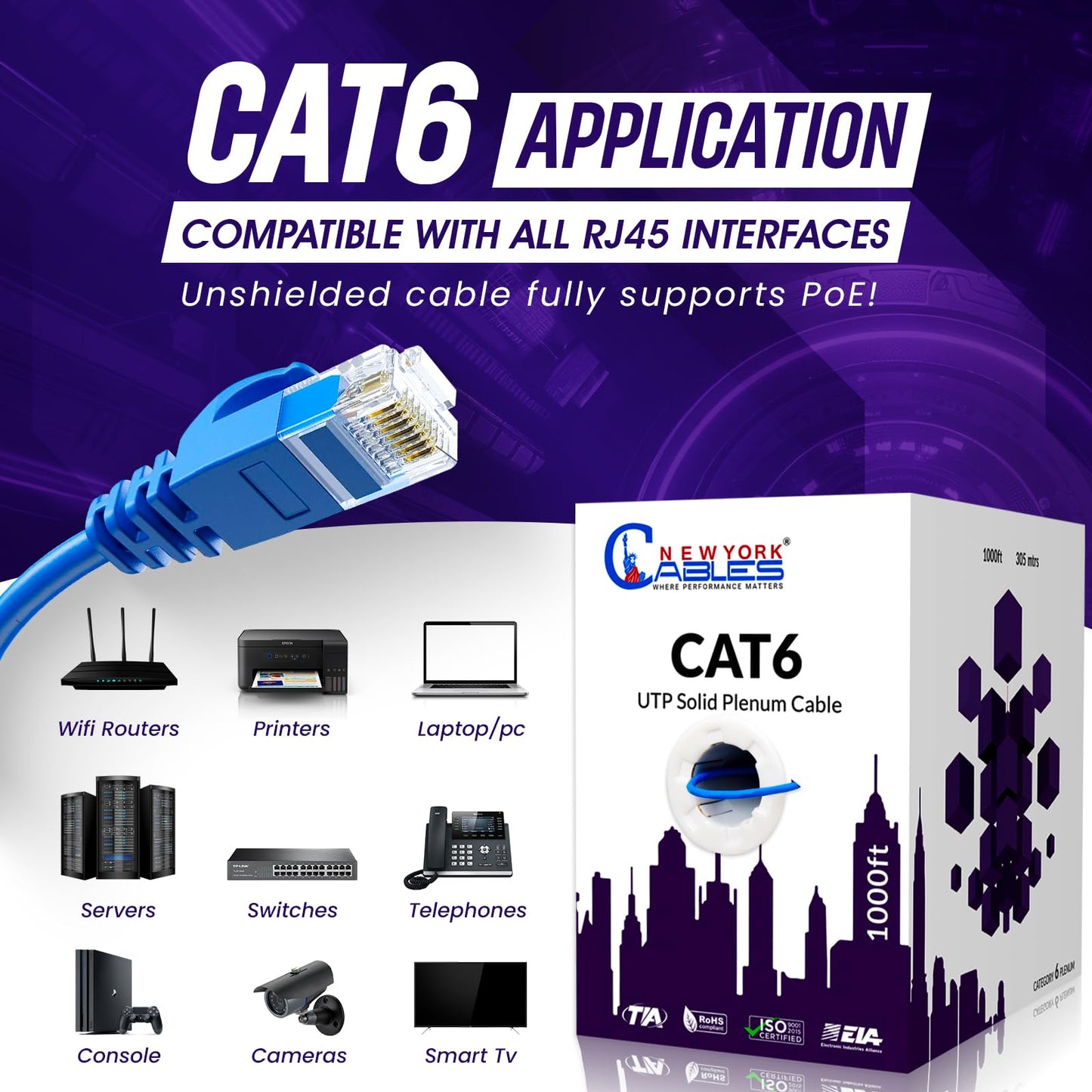 Newyork Cables | CAT6 Plenum Cable 1000ft | 23AWG, UTP 4Pairs, 550MHz 10Gbps Most Certified (CMP) Rated | Fire-Retardant Jacket | Bulk Cat 6 Ethernet Cable for Networking (Solid Conductor, Blue)