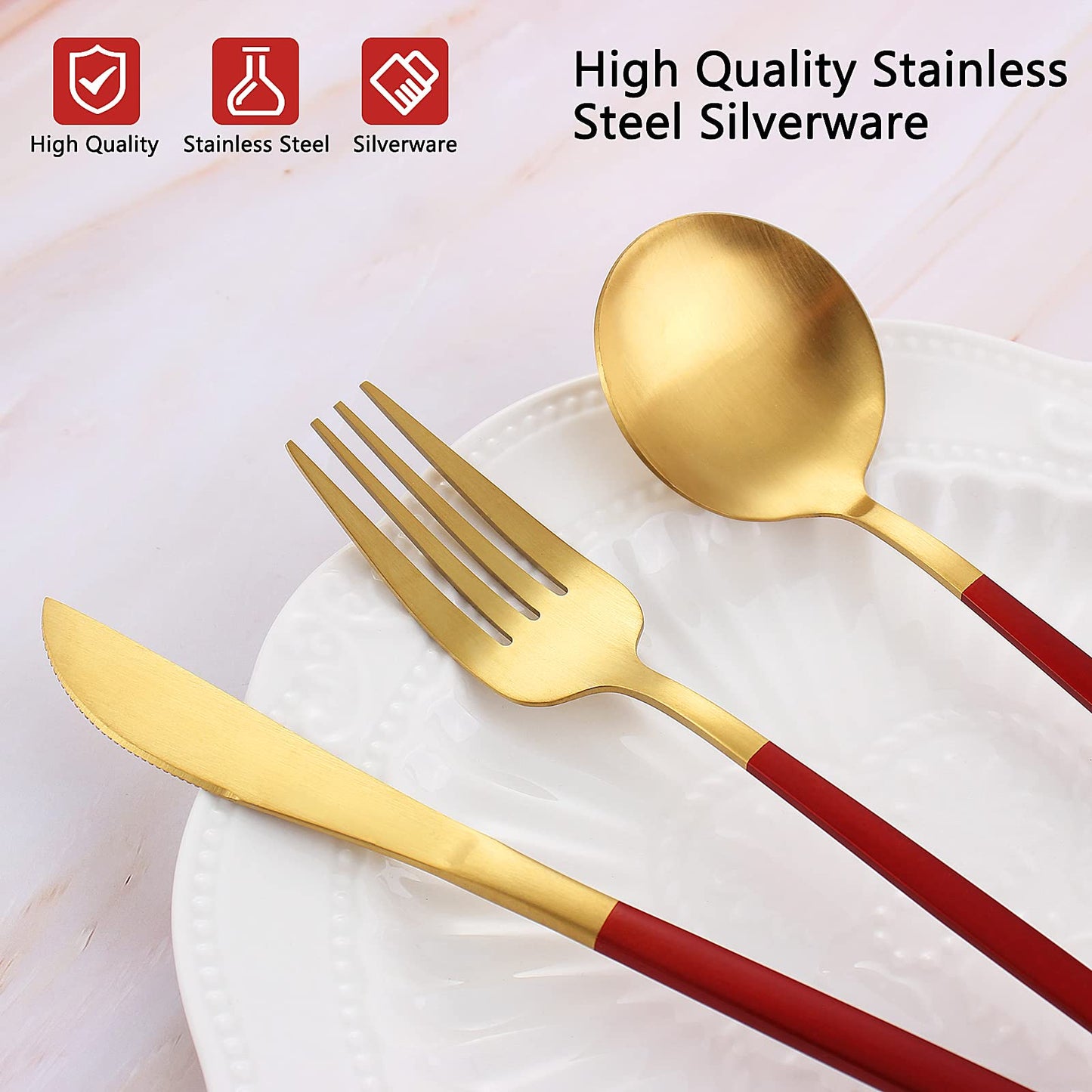 VANVRO Matte Red Gold Silverware Set, 20-Piece Stainless Steel Flatware Set, Satin Finish tableware Cutlery Set, Service for 4, Home and Restaurant, Dishwasher Safe