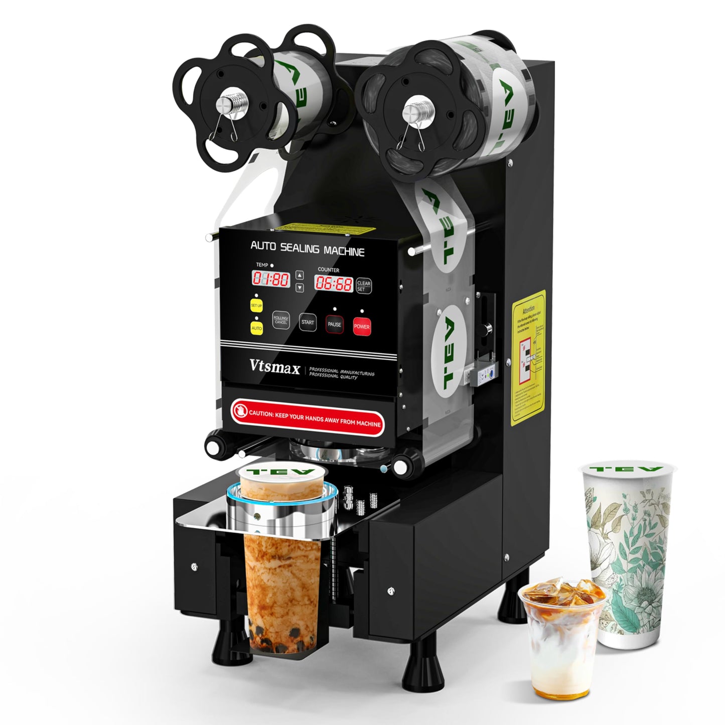 Vtsmax Automatic Cup Sealing Machine 90/95mm, 500-700 Cups/H Electric Cup Sealer with Counting LCD Panel for Bubble Tea, Milk, Juice, Coffee and Boba Shop etc. (Black)