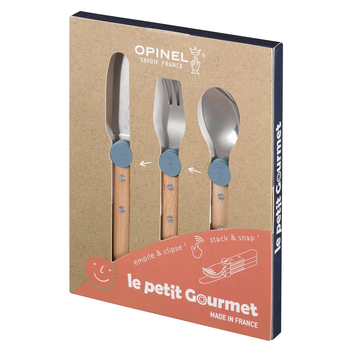 Opinel Le Petit Gourmet – 3 Piece Children’s Cutlery Set, Rounded Dull Knife, Spoon, Fork, Supports Independence at Every Meal, Montessori Tools Made in France (Rain Blue)