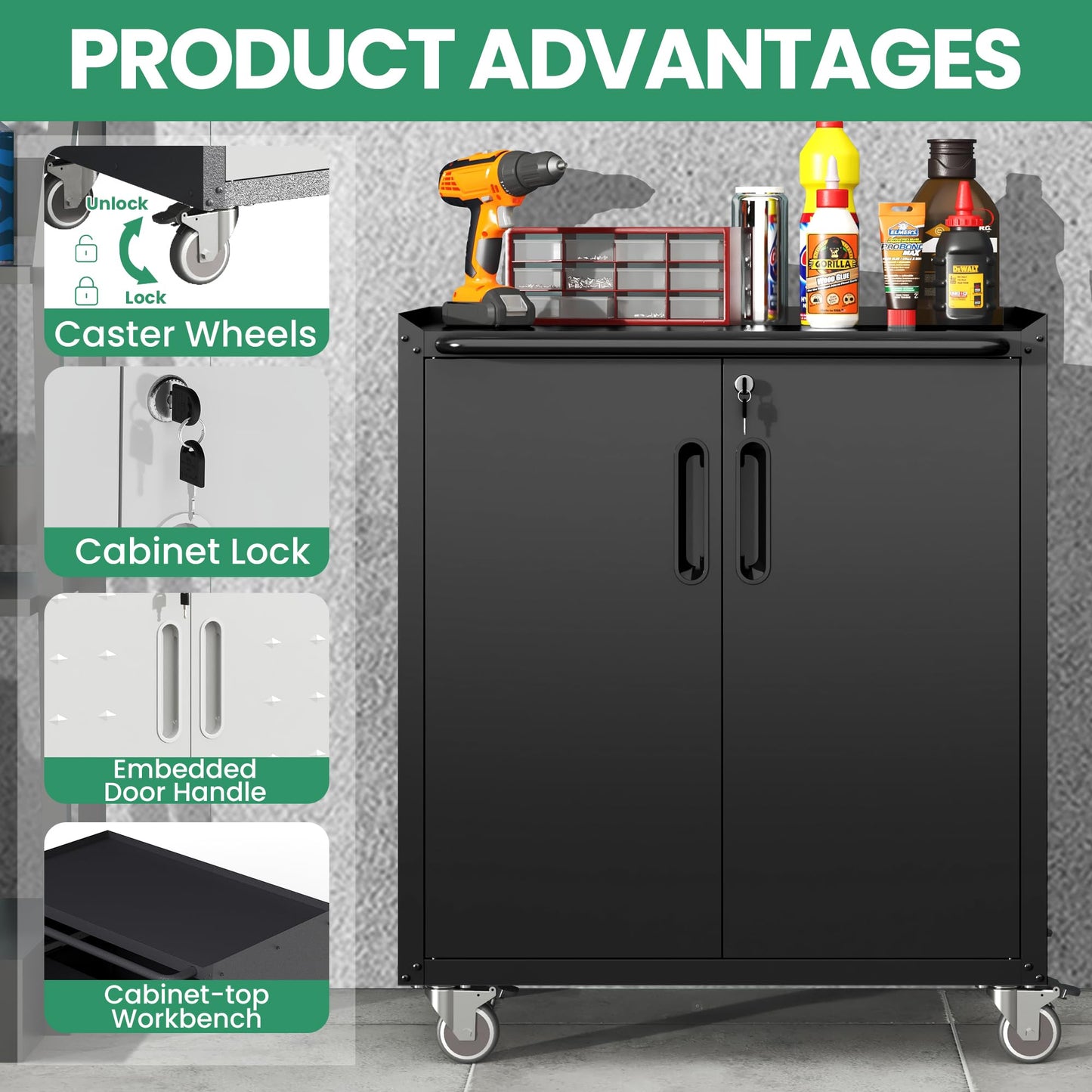 VIYET Garage Cabinets,Metal Garage Storage Cabinet with Wheels,Black Lockable Rolling Tool Cabinet with Drawer and Adjustable Shelves,Heavy Duty Tool Chest for Home Office Utility Room