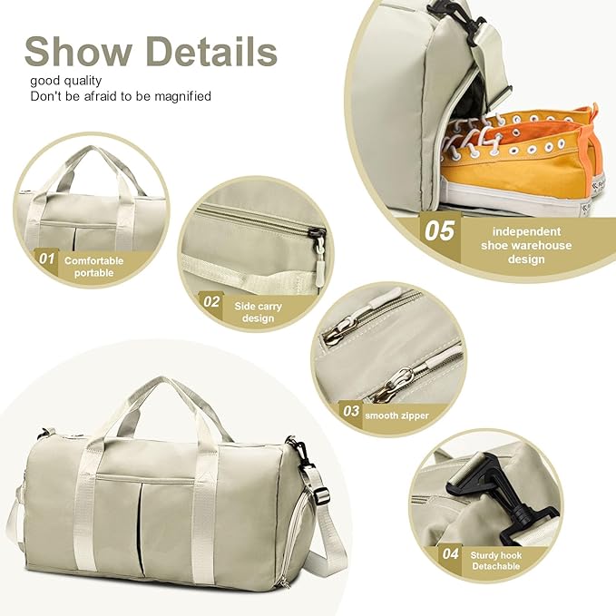 ZGWJ Sports Gym Bag with Wet Pocket & Shoes Compartment, Waterproof Shoulder Weekender Bag for Women and Men Swim Sports Travel Lightweight and easy Carry on Beige