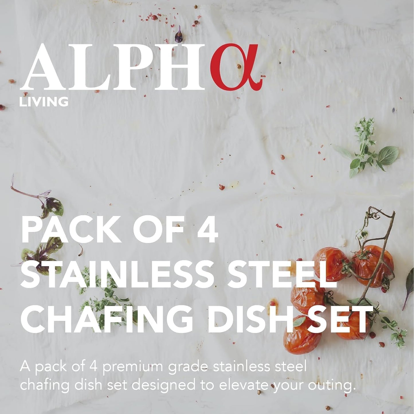 Alpha Living 4 Pack Chafing Dish Full Set – Stainless Steel Catering Chafer with Lids, Pans & Fuel Holders – Buffet Food Warmers for Parties, Events & Weddings (Rolled Edges)