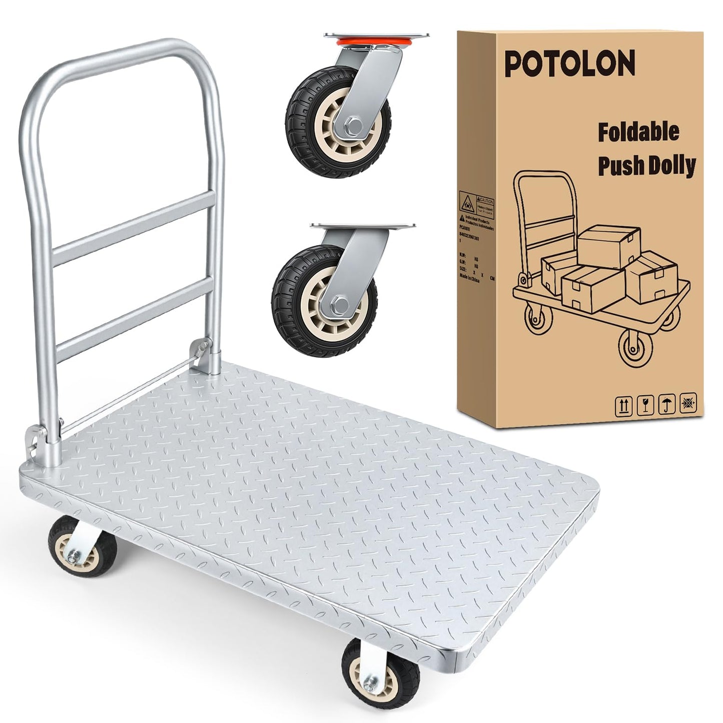 POTOLON Stainless Steel Platform Cart, 1320 lbs Capacity Heavy Duty Push Cart Dolly with 5-Inch Rubber Silent Wheels, 35.4 x 23.6 Inch Flatbed Cart for Industrial & Warehouse Use, Black