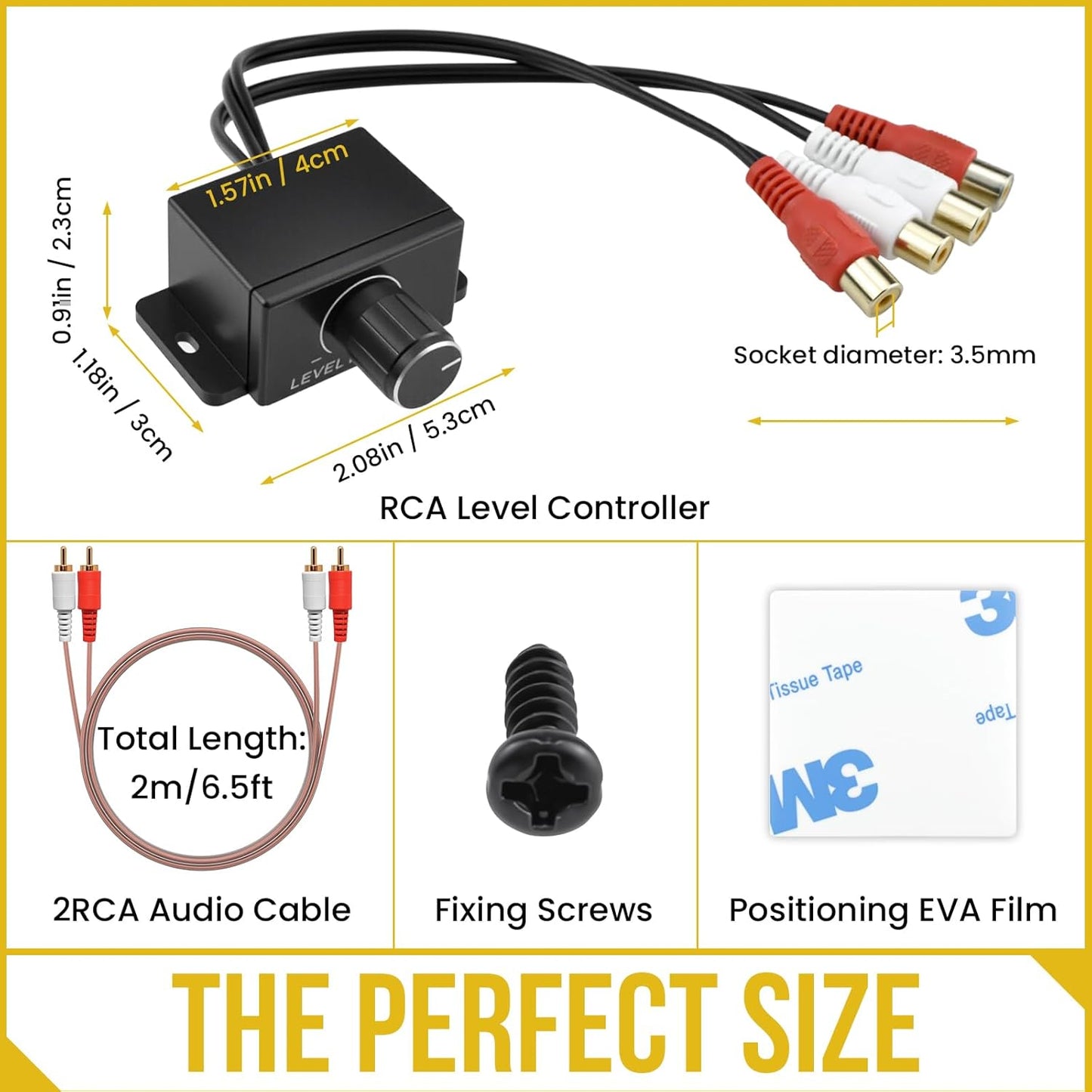 UBANU 3Pcs Universal RCA Level Controller with Audio Cables | Car Audio Bass Control Knob | RCA Stereo Cables |