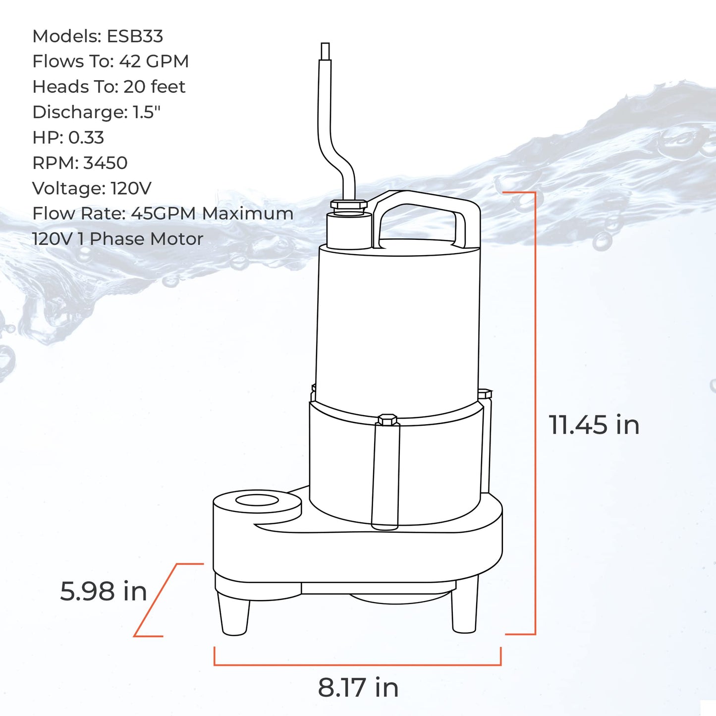 Barnes 130234A Model ESB33 Expel Submersible Sump Pump - High-Efficiency for Residential Use, Cast Iron Vortex Impeller, 1/3 HP, 45GPM, Integral Float Switch, 9-Foot Waterproof Cord, Black