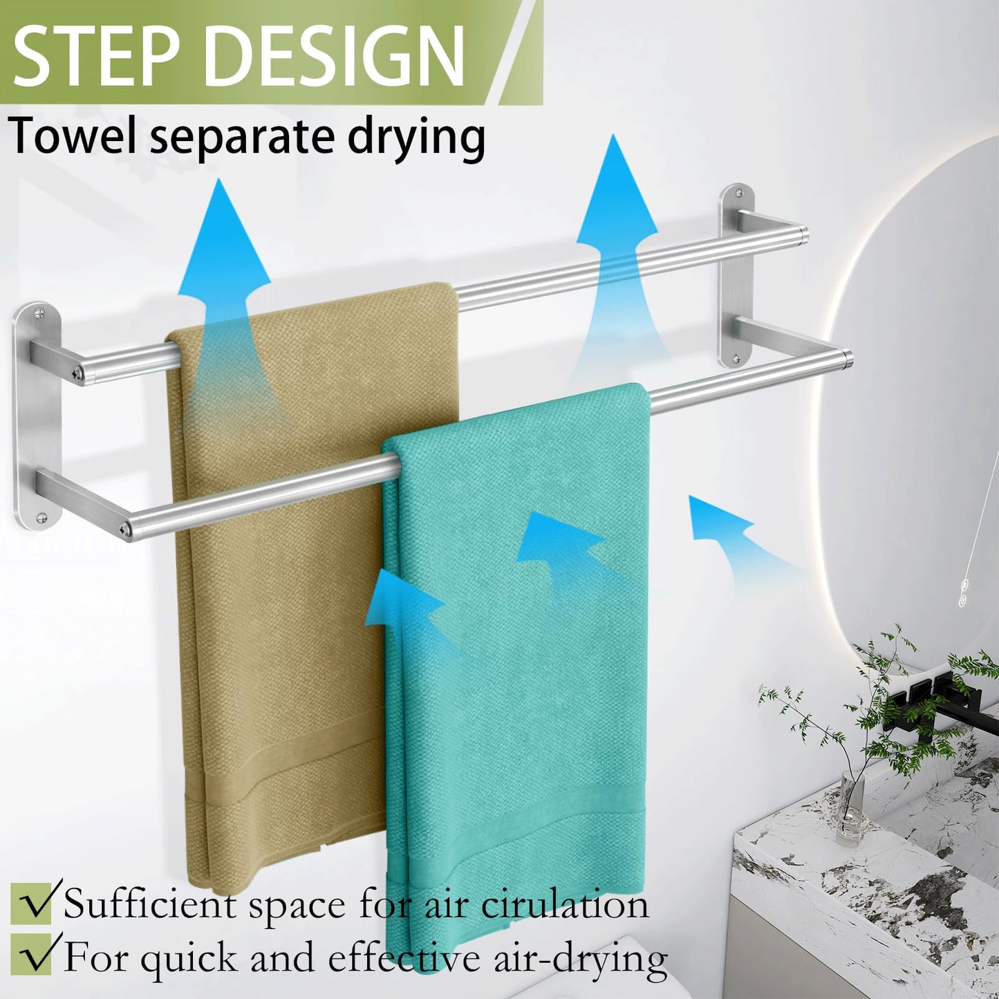 Towel Rack for Bathroom, Double Towel Bar 24Inch, Stainless Steel Bathroom Towel Holder, Double Towel Hanger Wall Mounted Towel Rod, Bathroom Towel Rack(Brushed Nickel)