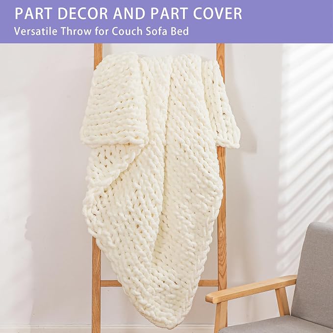 Bigacogo Chunky Knit Throw Blanket for Couch, 40x80 inches, 100% Hand Knitted with Thick Jumbo Chenille Yarn, Cozy Soft Large Rope Knot Cable Crochet Blankets for Sofa Bed Living Room, Ivory