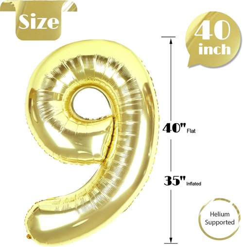 Champagne Gold 9 Balloon - 40 Inch Giant Number Balloon for 9th Birthday Decorations