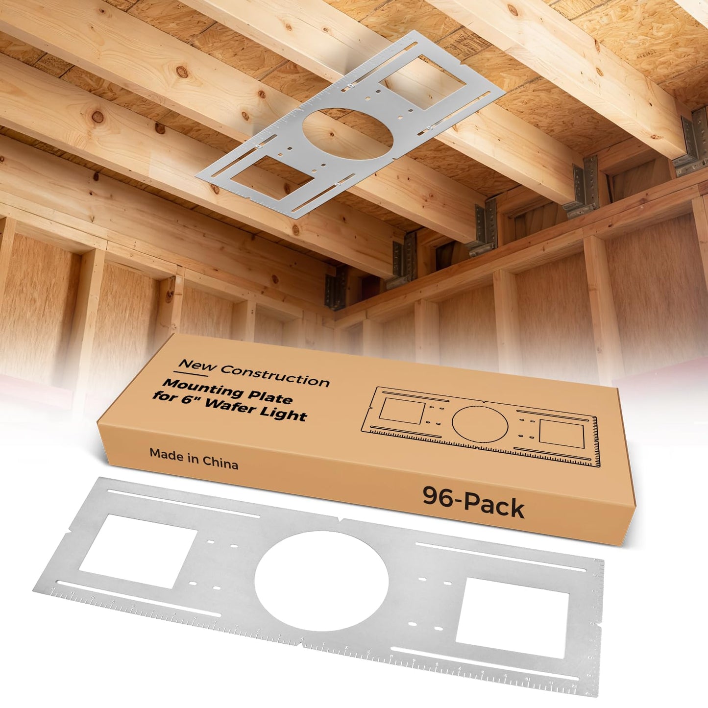 Cycevsun 96-Pack New Construction Mounting Plate, Wafer Light Rough in Plate for 6" Recessed Lights, Galvanized Steel with Measurement Markings, Pre-Cut Openings 6.25"
