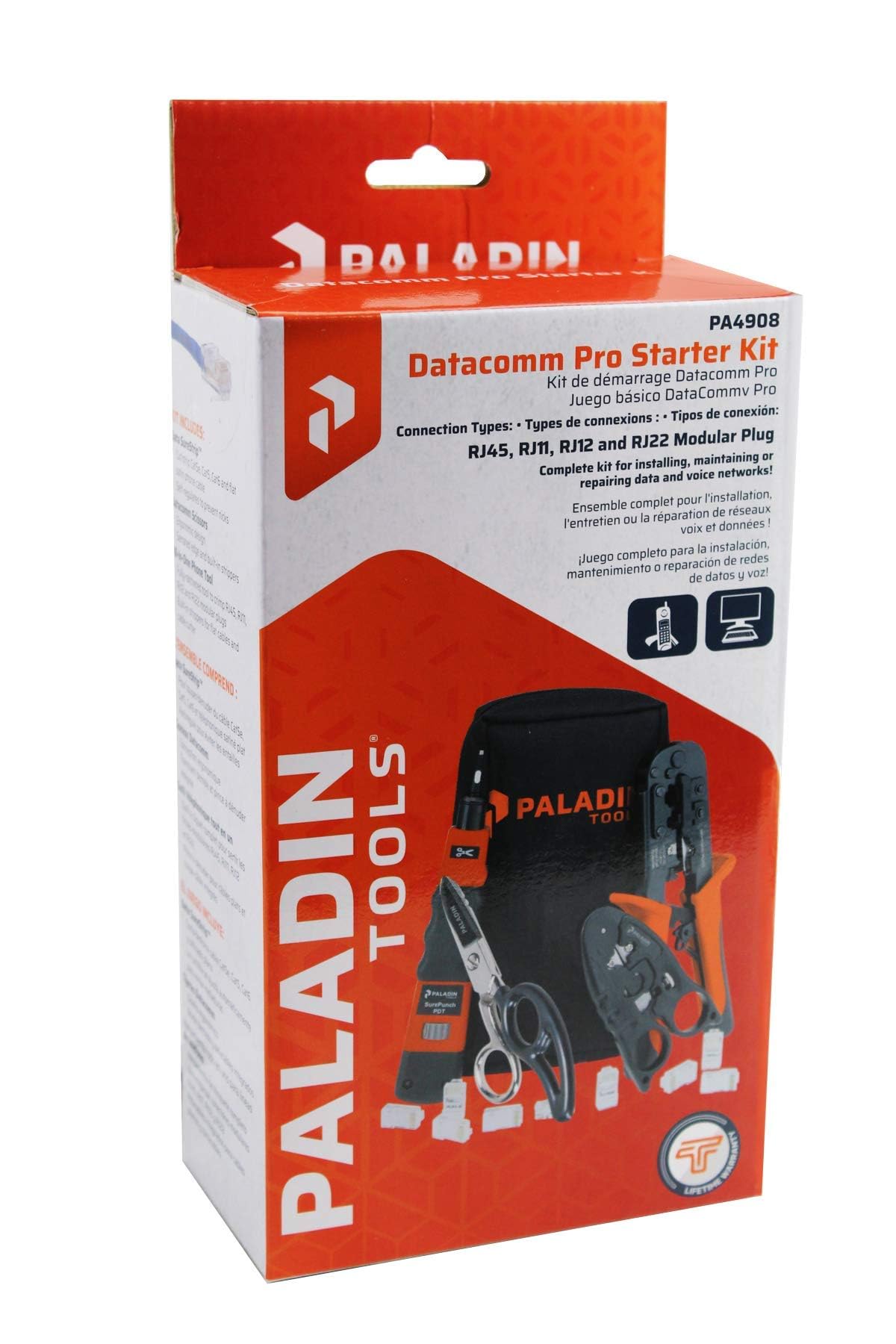 Paladin Tools PA4908 Network Tool Kit - VDV Technicians Kit - Wire Cutter, Wire Stripper, Scissors, Punchdown Tool, Plugs - RJ45 RJ11 RJ12 RJ22 (POE Ethernet)