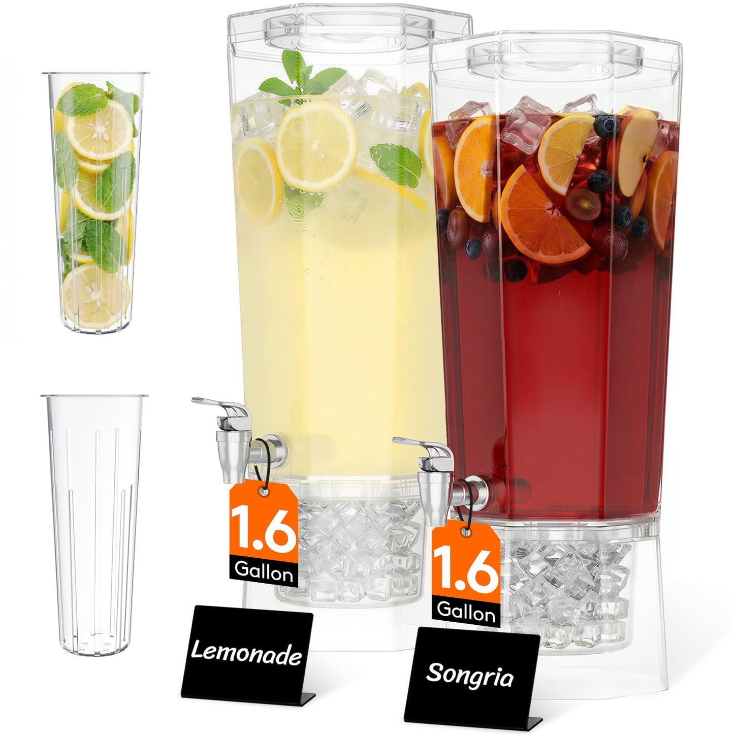 Lifewit 1.6 Gallon Drink Dispenser for Parties 2 Pcs, Large Plastic Beverage Container for Juice/Tea/Soda with Stand & Ice Core, Clear Lemonade Dispenser with Spigot, BPA Free Water Pitcher for Fridge