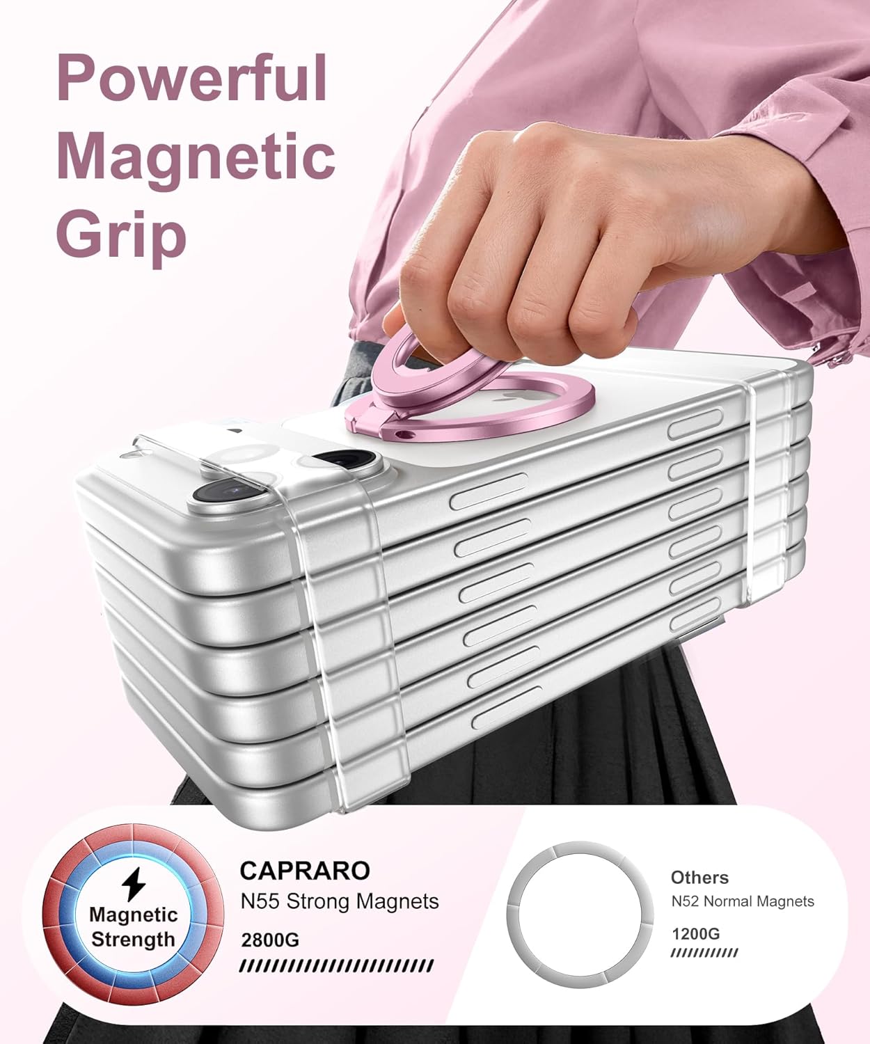 CAPRARO 360 17/16/15/14/16 Magnetic Phone Ring Holder for MagSafe, Dual-Side Magnetics, Rotation Gym Phone Stand Grip