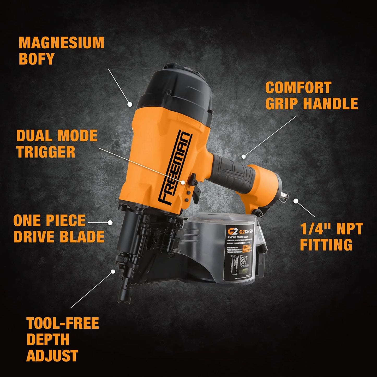 Freeman 2nd Generation Pneumatic 15° 3-1/2" Coil Framing Nailer with Adjustable Metal Belt Hook and 1/4" NPT Air Connector | G2CN90