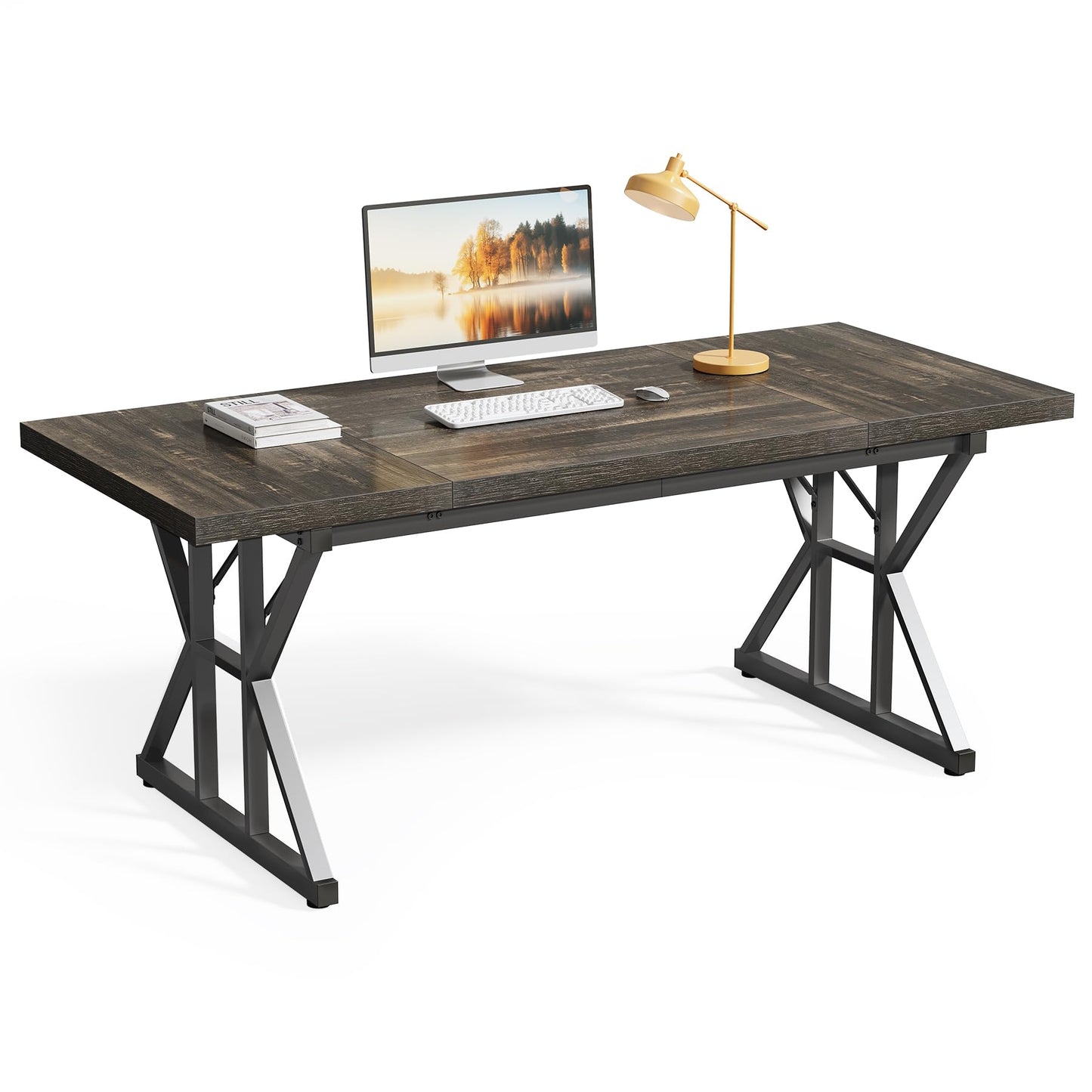LITTLE TREE 70.8-Inch Large Executive Desk, Extra Long Computer Office Desk Workstation, Modern Simple Style Laptop Table, Sturdy Wooden Writing Workstation for Home Black Oak