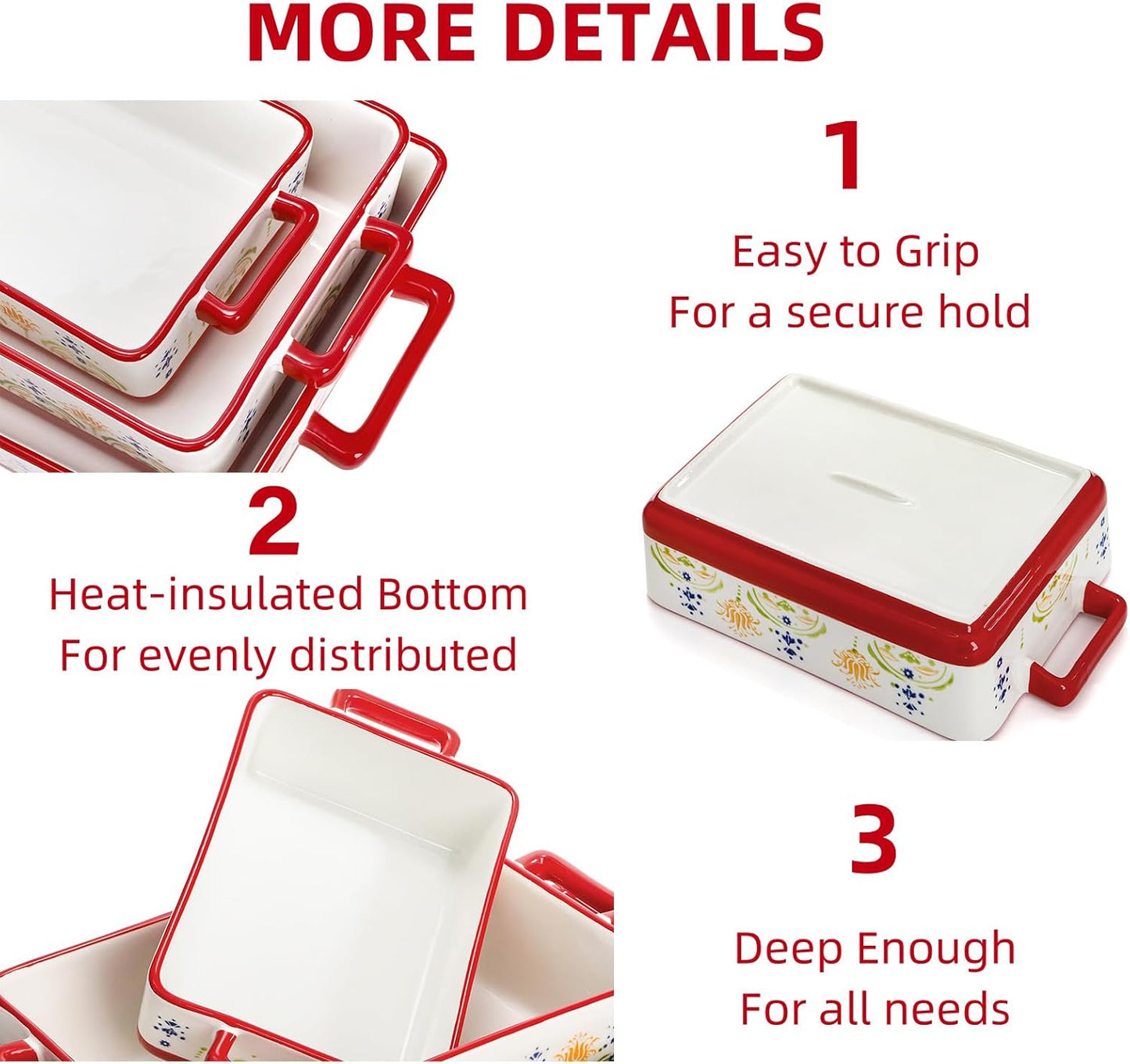 WRINGKIT Ceramic Baking Dishes Set - Rectangular Casserole Dish with Handles | 3 Sizes (12''/10.7''/7.7'') in Red