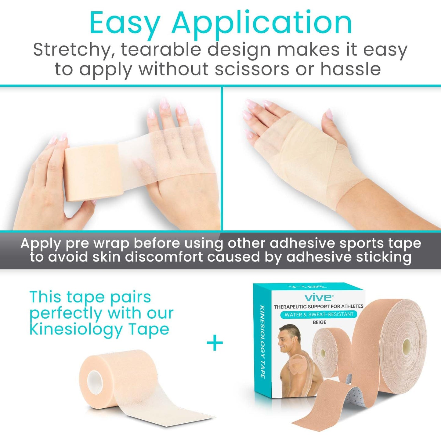 Vive Pre Wrap Athletic Tape (4 Pack - 2.75" Wide) - Prewrap Sports Strips (120 Yards) for Hair, Soccer, Injuries, Ankles, Football, Wrists, Lacrosse, Boxing, Baseball - Breathable, Non-Adhesive