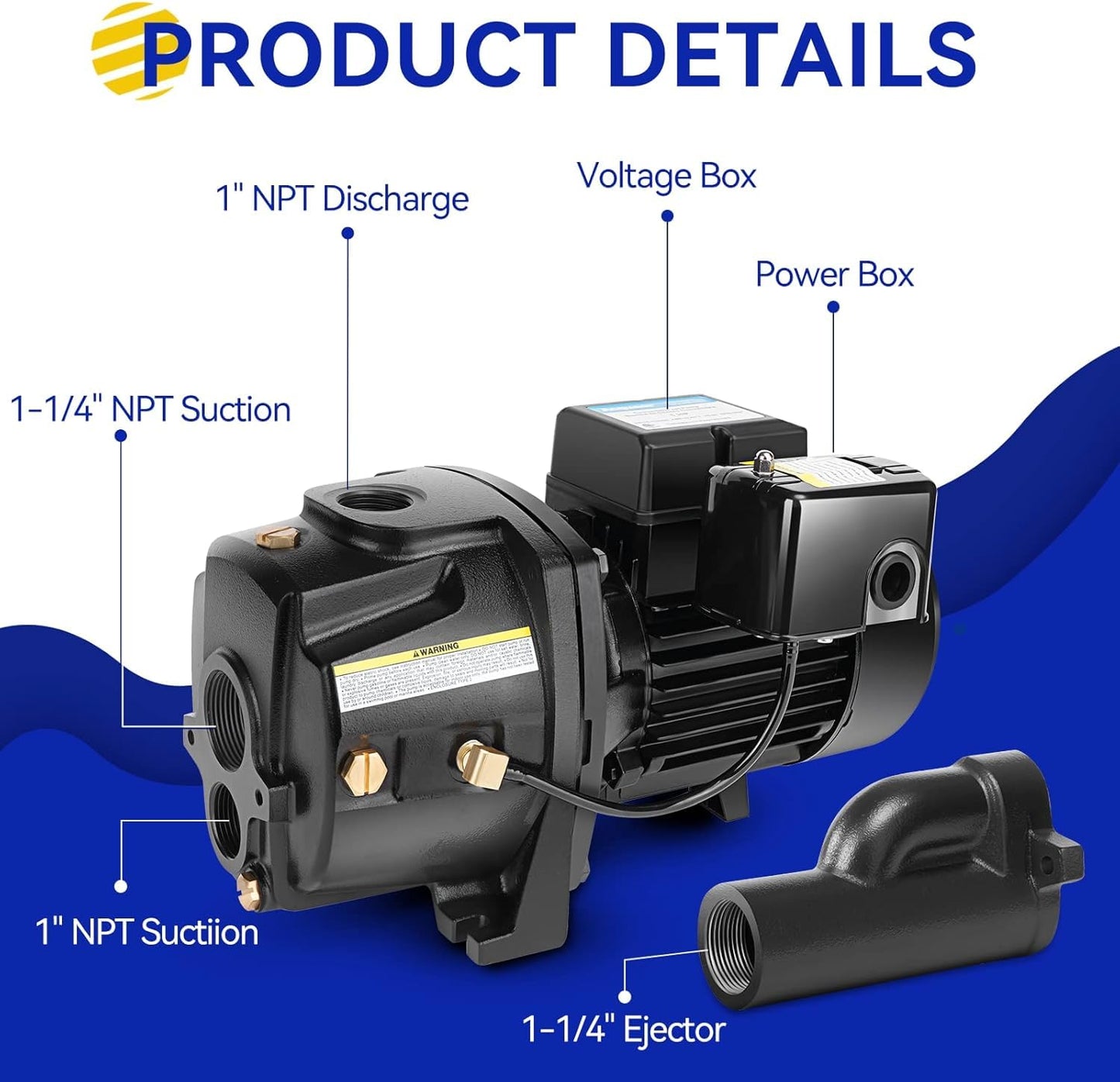 Acquaer Shallow/Deep Well Jet Pump, Cast Iron Convertible Pump with Ejector Kit, Well Depth Up to 25ft or 90ft, 115V/230V Dual Voltage, Automatic Pressure Switch