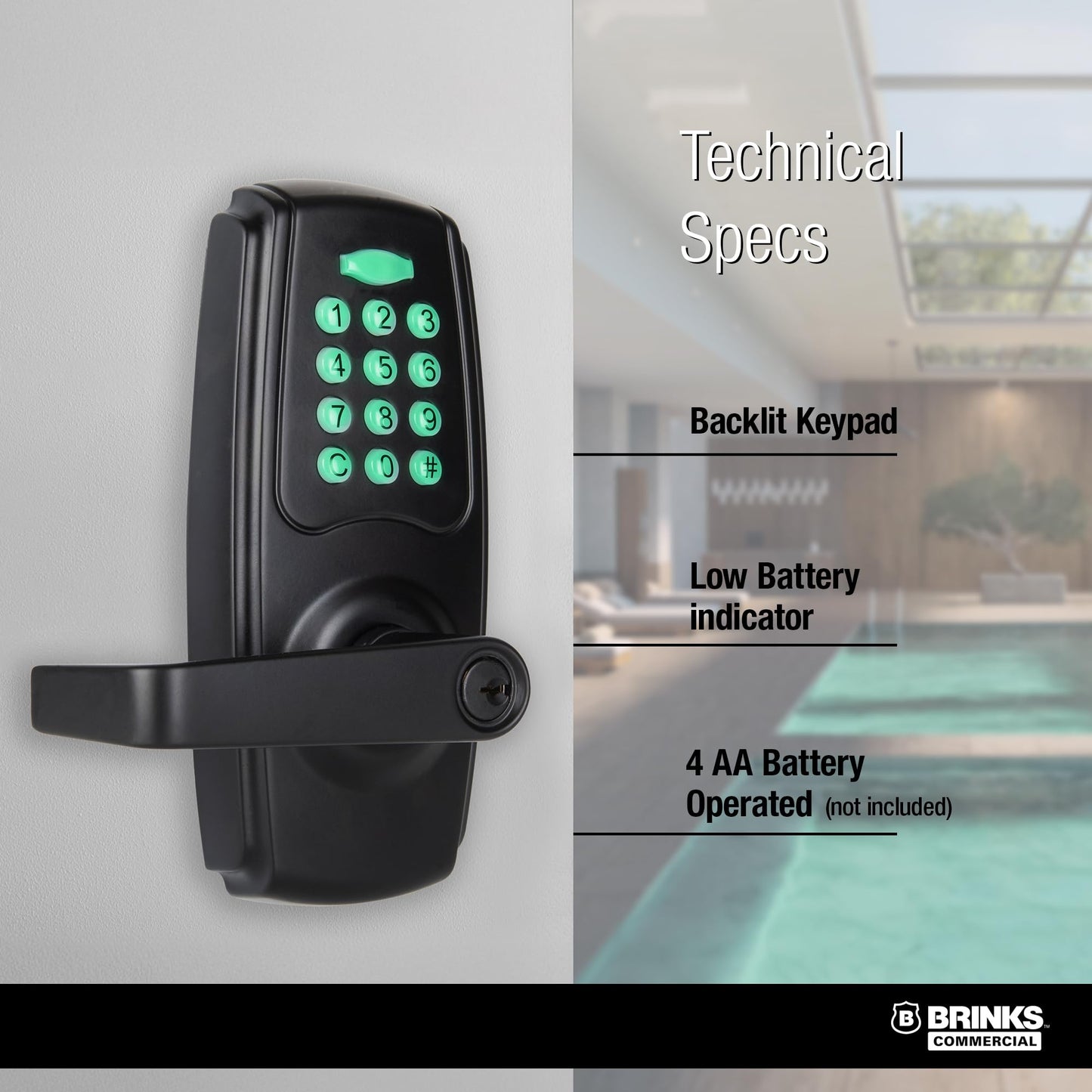 BRINKS ANSI Grade 2 Keypad Door Lock with Handle for Commercial & Residential Use, Keyless Entry Door Lock, 99 User Codes, Auto-Relock, Battery with Backup Keyway
