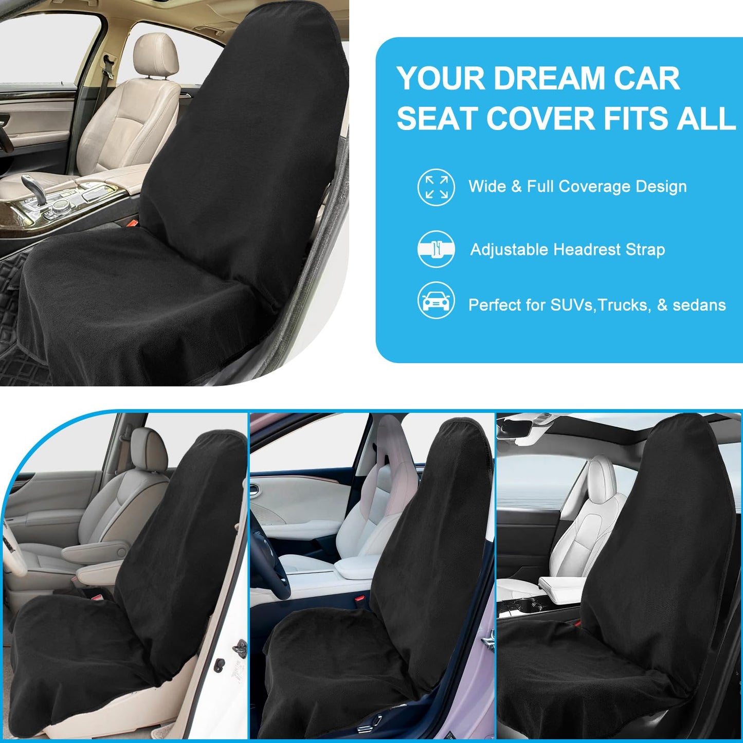 Waterproof Sweating Towel Car Seat Cover for Post Gym Workout, Running, Swimming, Beach and Hiking, Universal Fit Anti-Slip Bucket Seat Protector for Cars, SUVs and Trucks, Machine Washable (Black-1P)