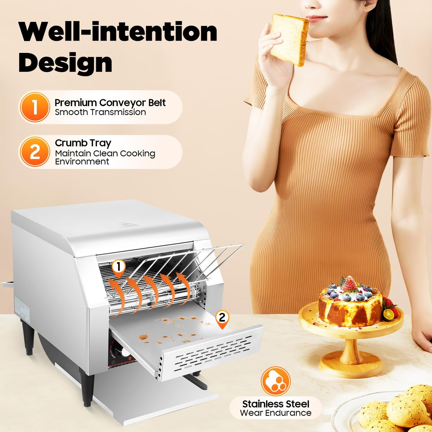 300 Slices/Hour Commercial Conveyor Toaster, 2200W Electric Restaurant Toaster for Toast Bun Bagel Bread, Heavy Duty Stainless Steel Industrial Toaster Oven for Café, Buffet, Bakery
