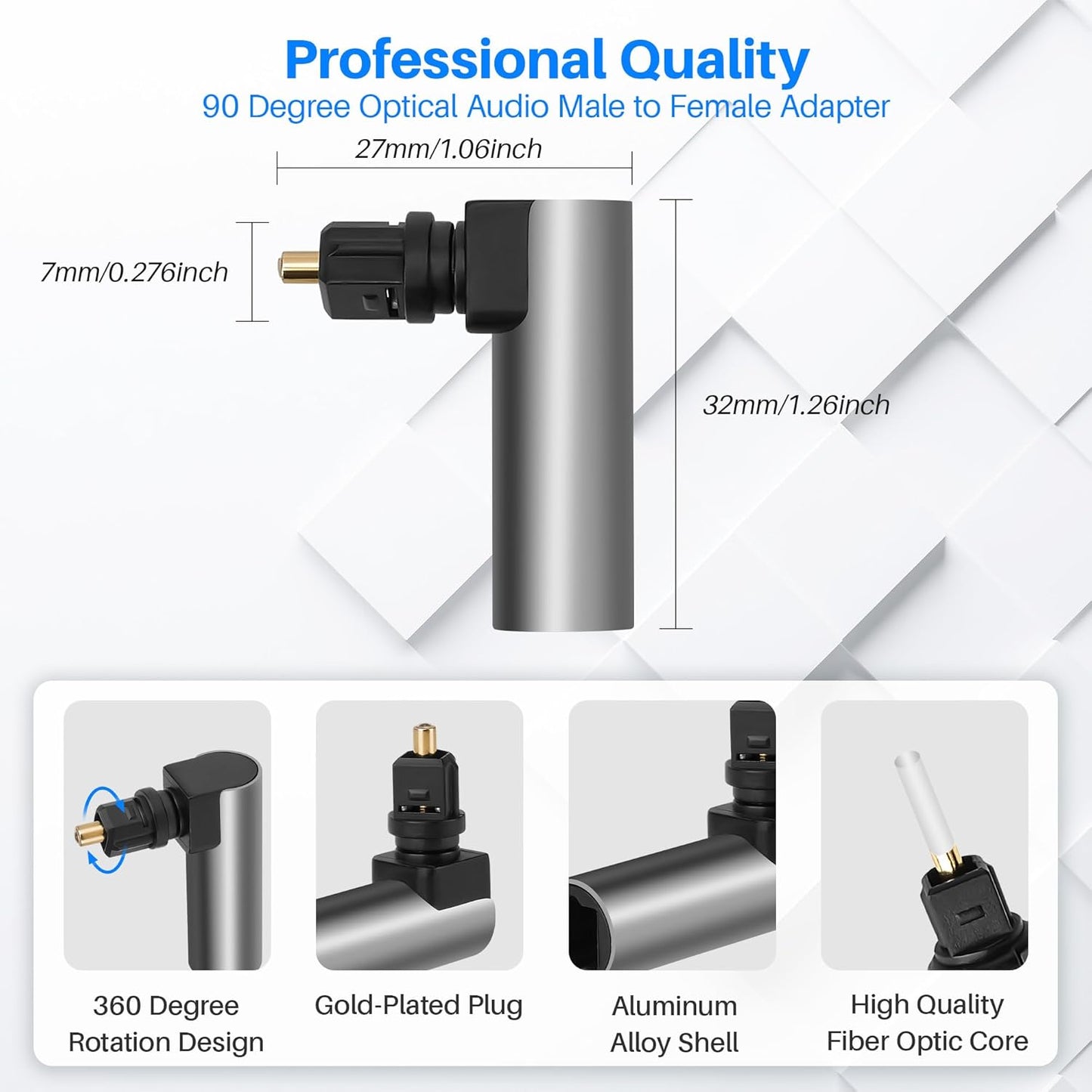 Togconn 90 2 Pack, Degree Optical Fiber Digital Extension Adapter Right Angle Toslink Optic Audio Male to Female S/PDIF